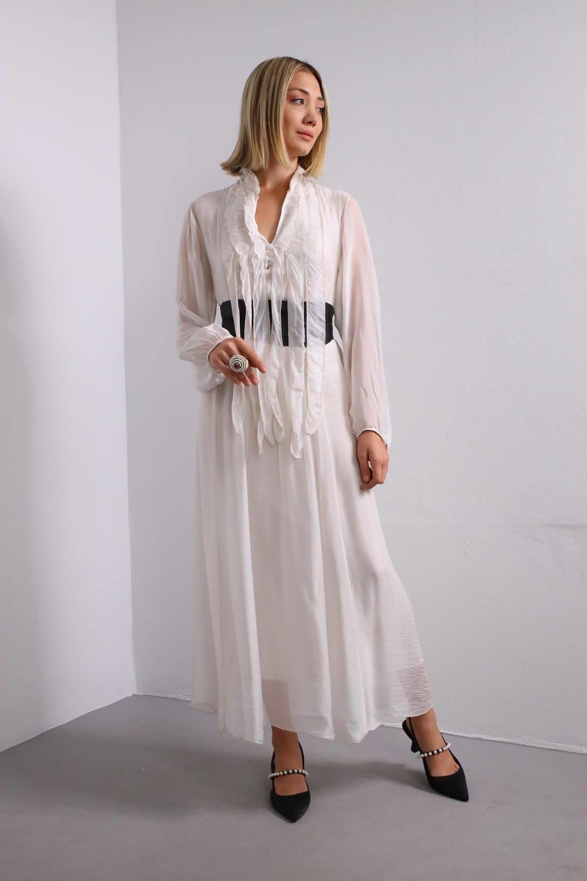 Krem Rengi Yakası Fırfırlı Uzun İpek Elbise - Şaman Butik Krem Rengi Yakası Fırfırlı Uzun İpek Elbise