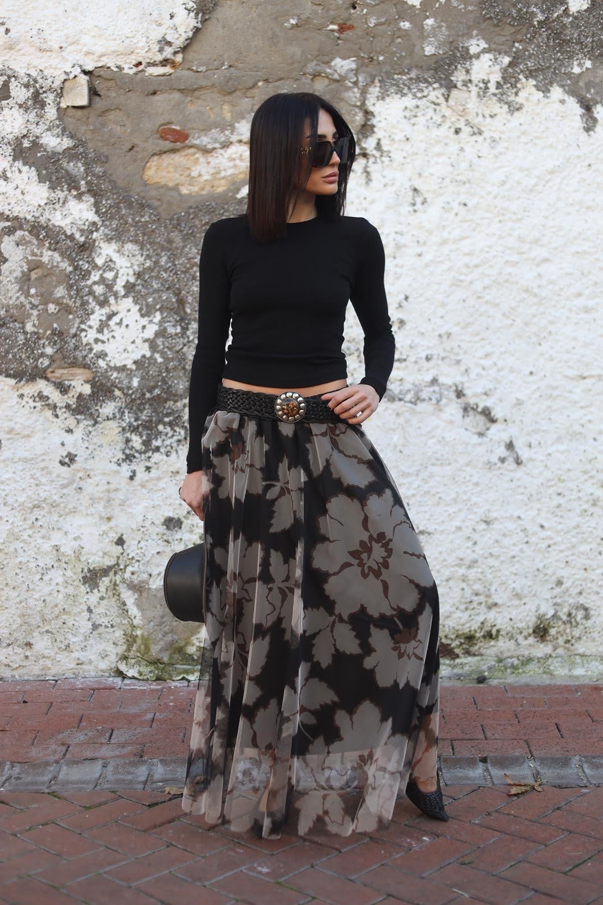 Bej Çiçek Desenli Beli Saten Lastikli Tül Etek