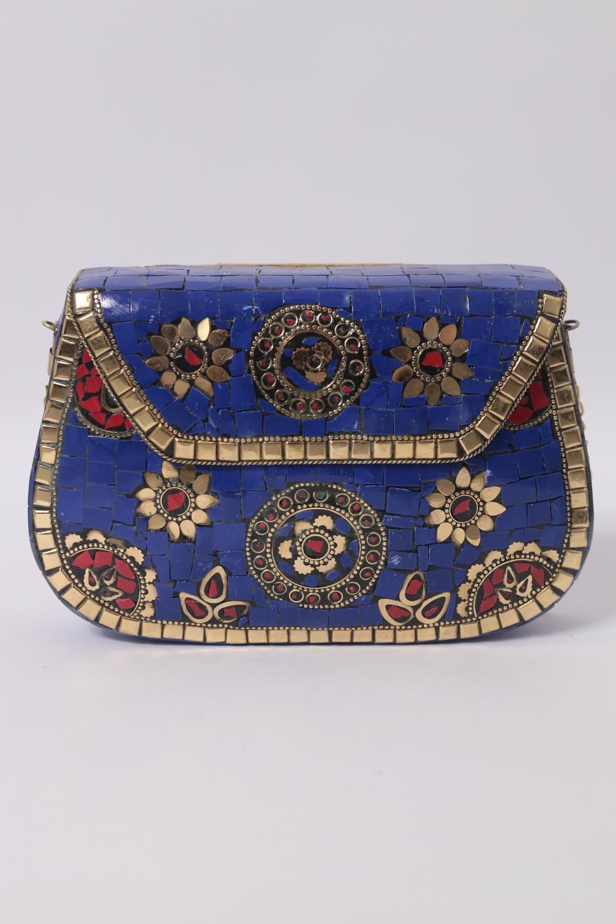 Saks Mavisi Taşlı Özel Tasarım Çanta