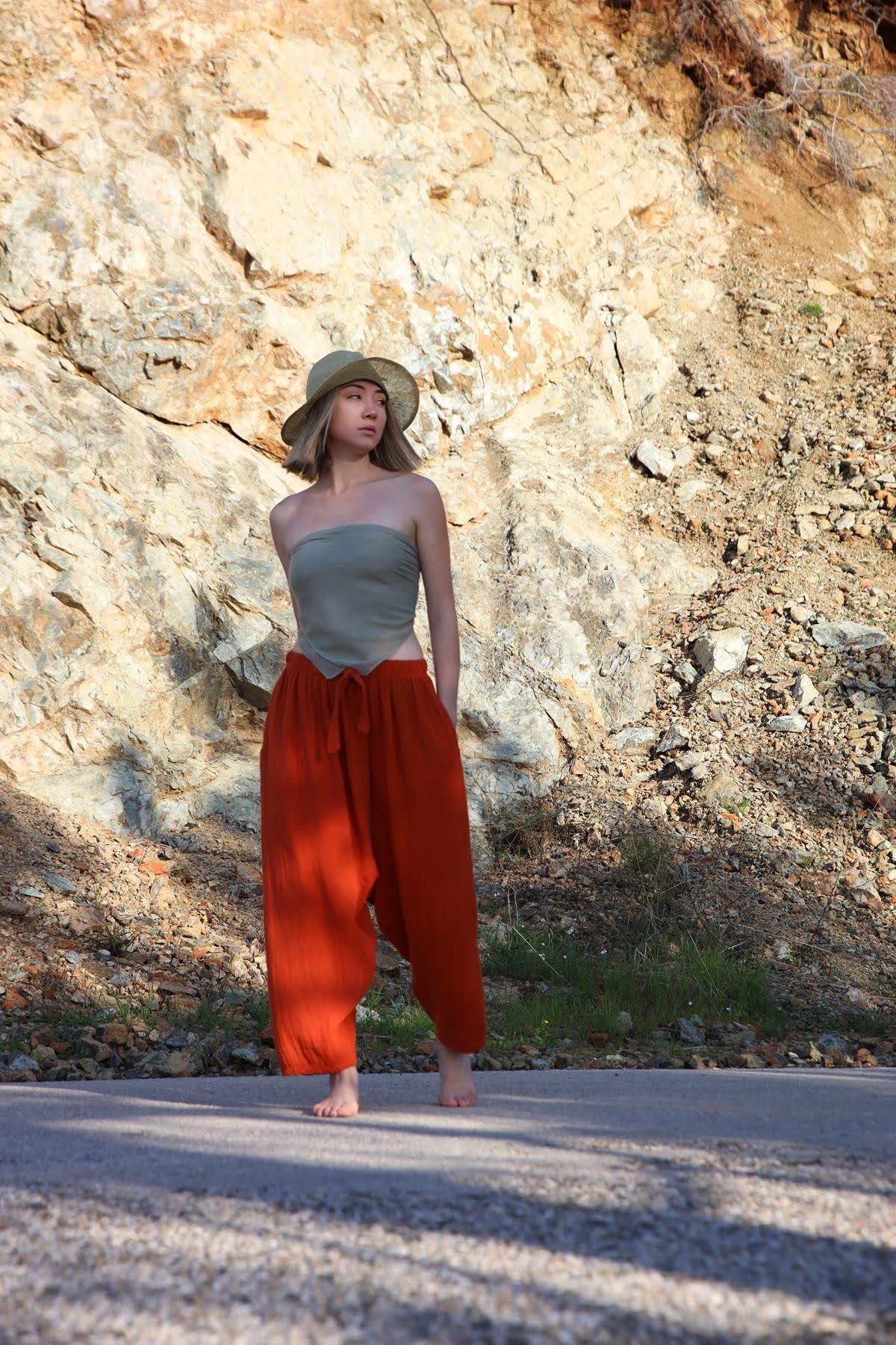  Kiremit Rengi Beli İpli Müslin Şalvar