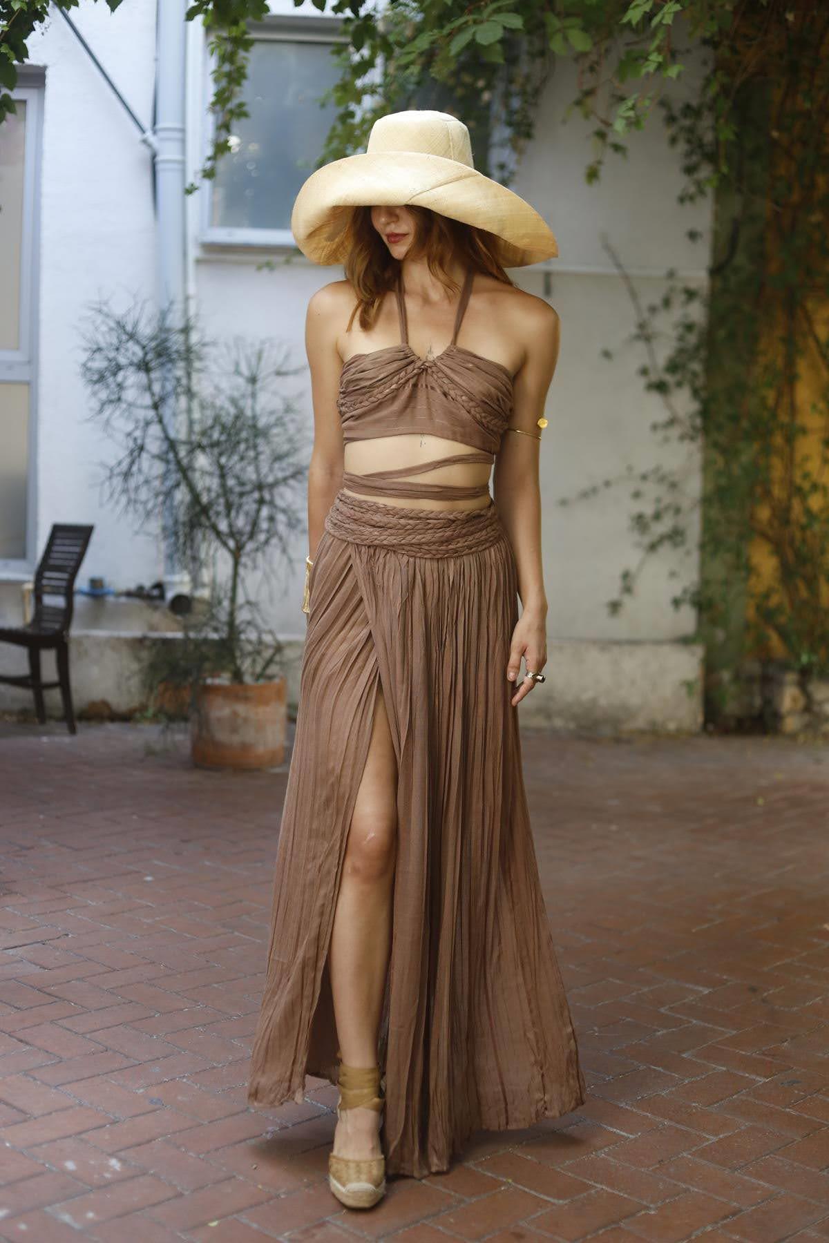 Brown Knit Detailed Strappy Blouse and Skirt Set