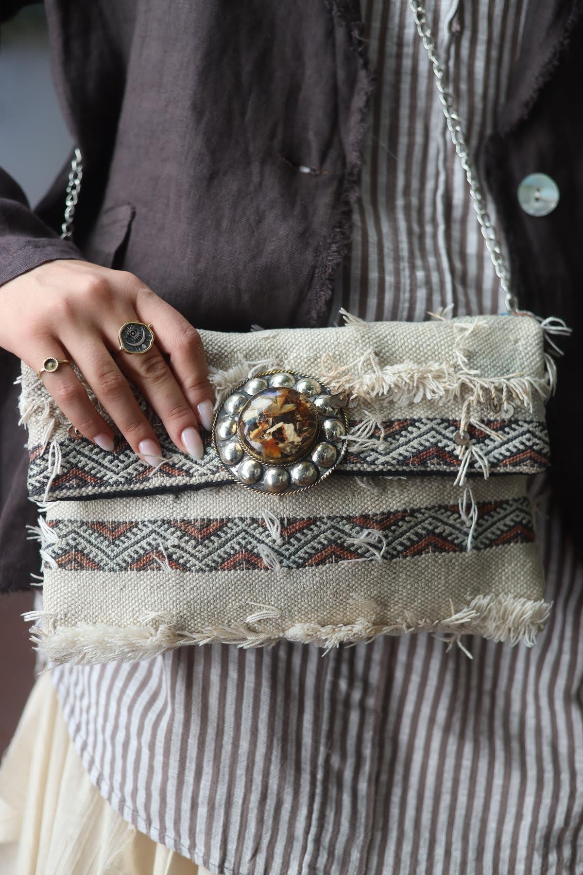 Stone Color Woven Stone Detailed Bag