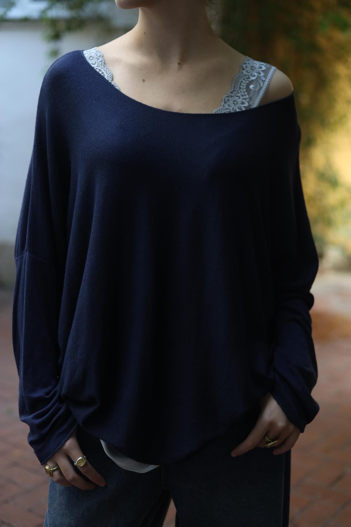 Lacivert Salaş Yumuşak Doku Bluz