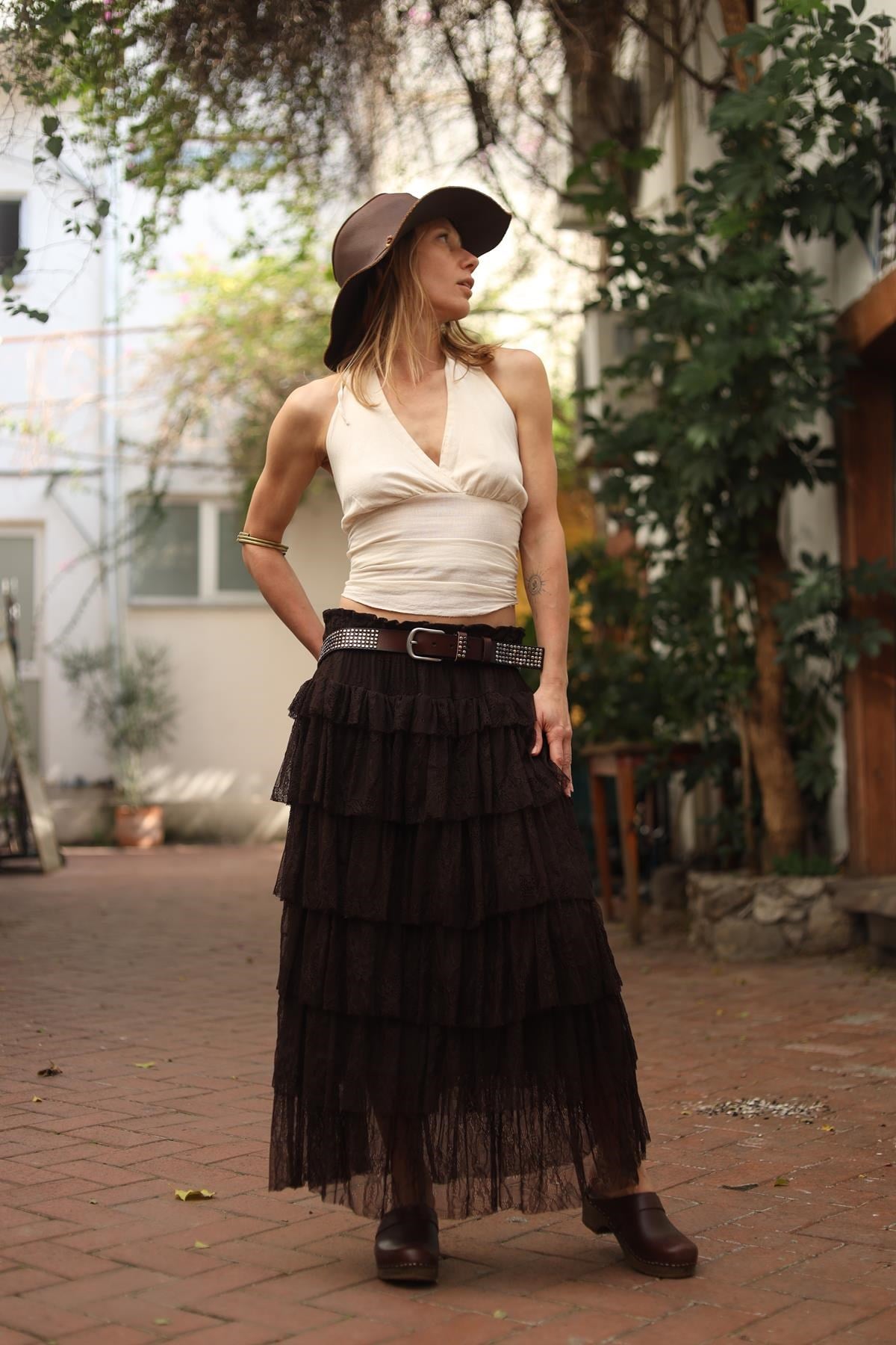 Kahverengi Astarlı Kat Kat Tül Etek