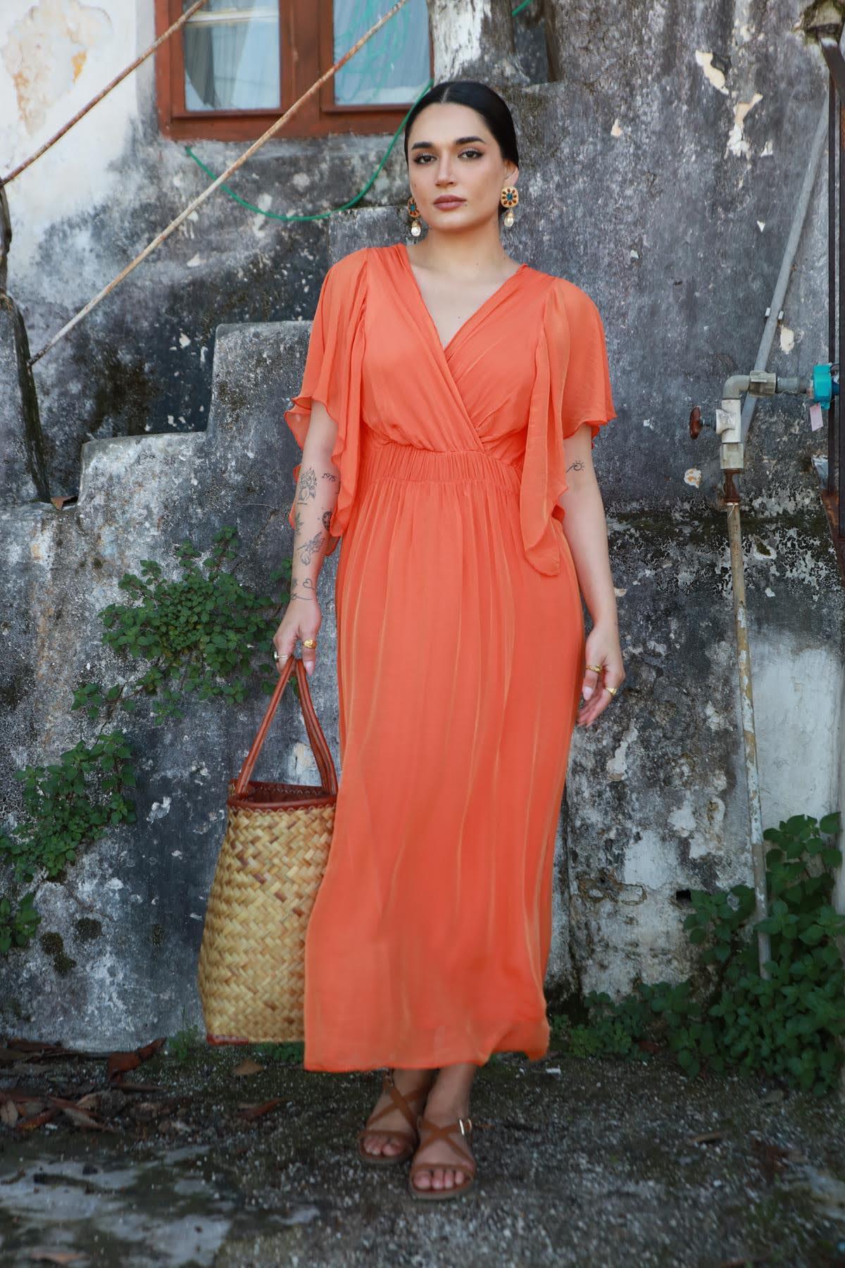 Orange Double Breasted Silk Dress