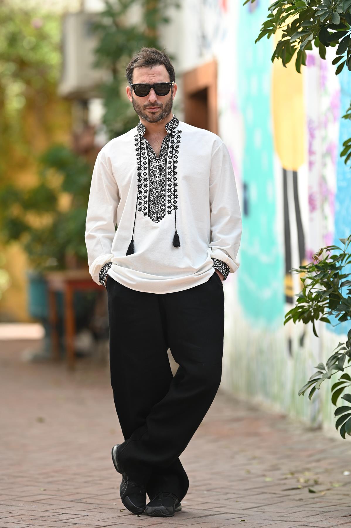 Ecru Collar and Cuff Embroidered Authentic Men's Shirt