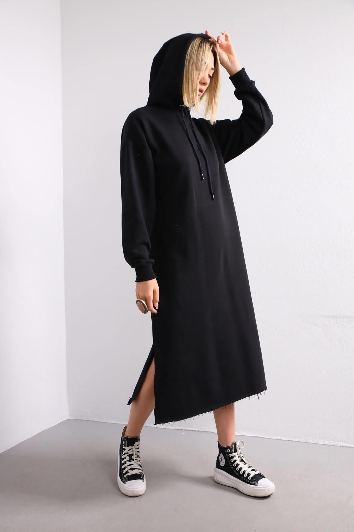 Siyah Kapüşonlu Sweat Elbise - Şaman Butik Siyah Kapüşonlu Sweat Elbise