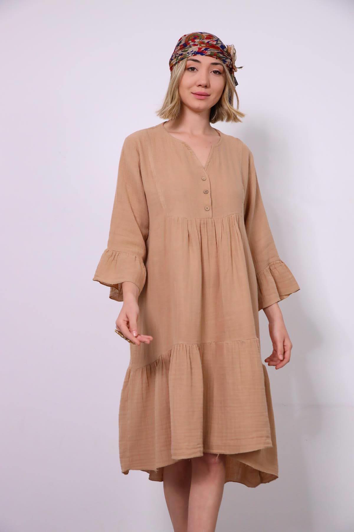 Sütlü Kahve Kolu Volanlı Müslin Elbise - Şaman Butik Sütlü Kahve Kolu Volanlı Müslin Elbise