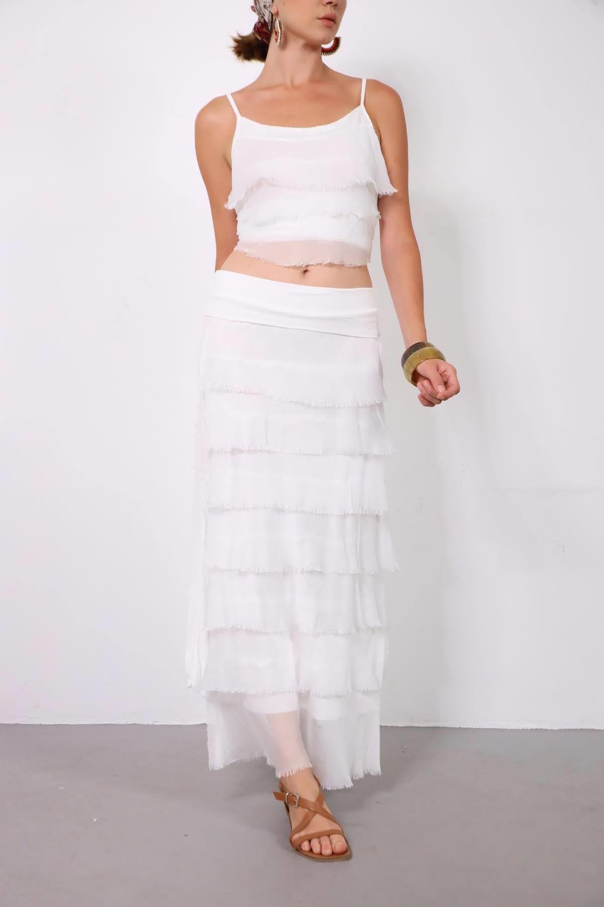 White Multilayered Silk Skirt - Şaman Butik | Boho Fashion White Multilayered Silk Skirt