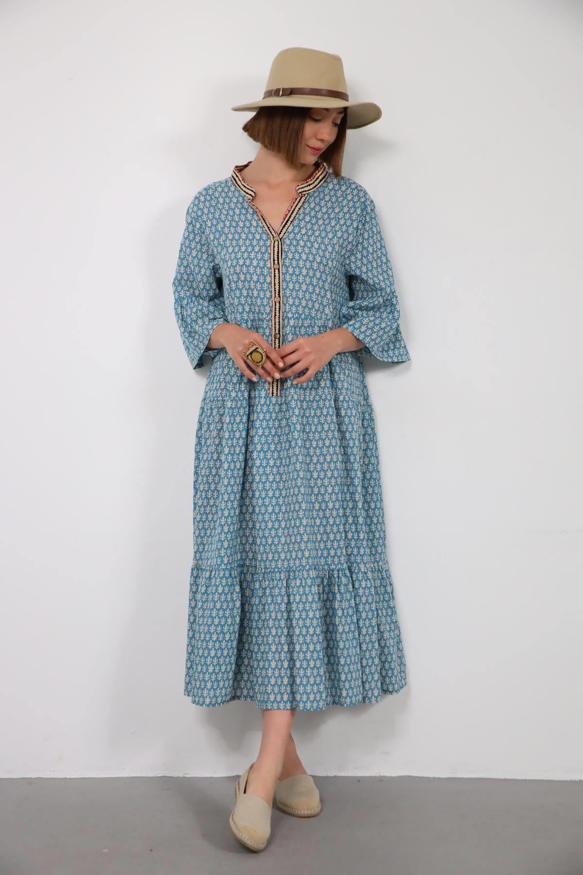 Turkuaz Hakim Yaka Kolları Volanlı Düğmeli Elbise - Şaman Butik Turkuaz Hakim Yaka Kolları Volanlı Düğmeli Elbise