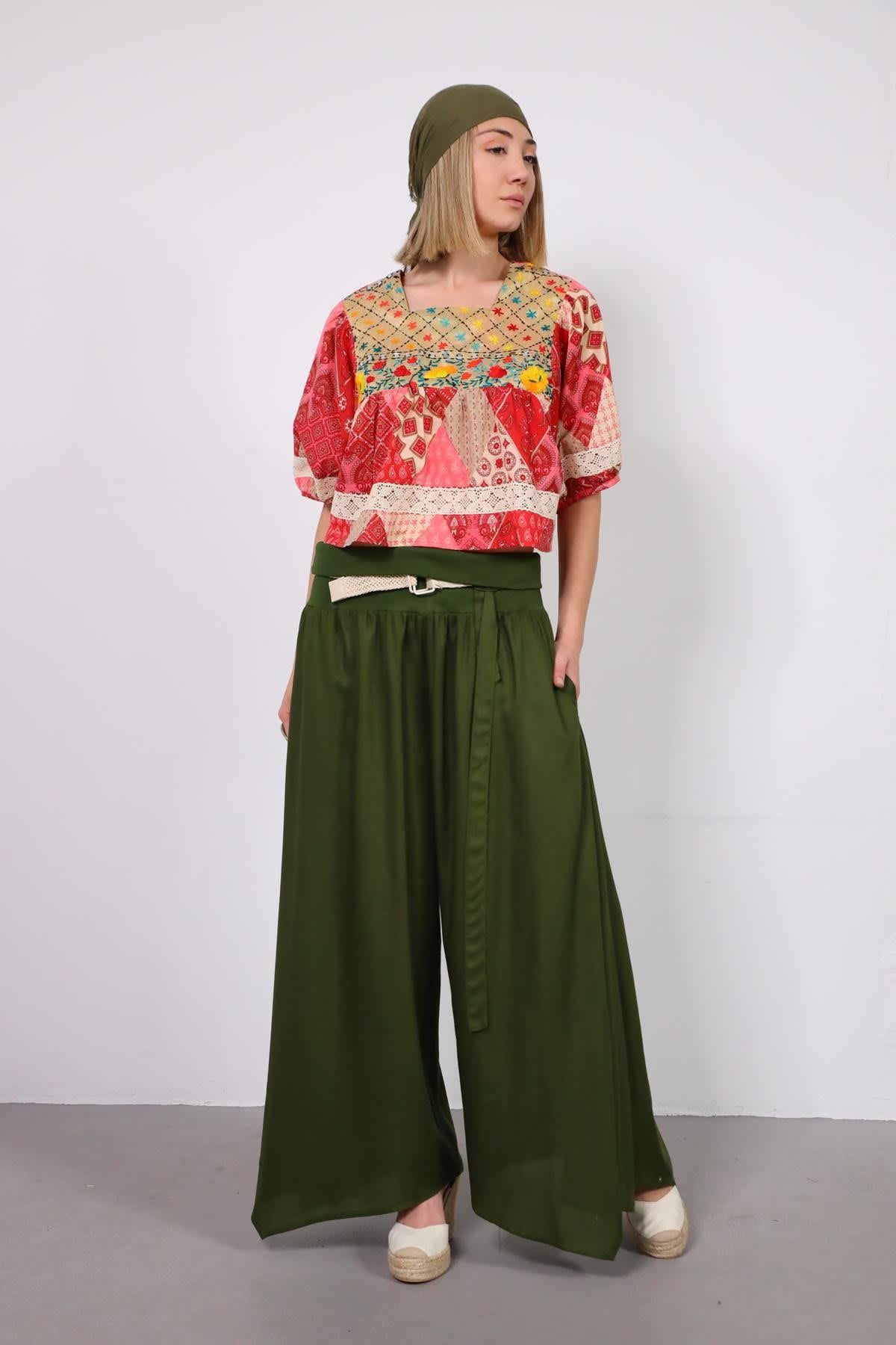 Haki Beli İpli Yırtmaçlı Yarasa Pantolon - Şaman Butik Haki Beli İpli Yırtmaçlı Yarasa Pantolon