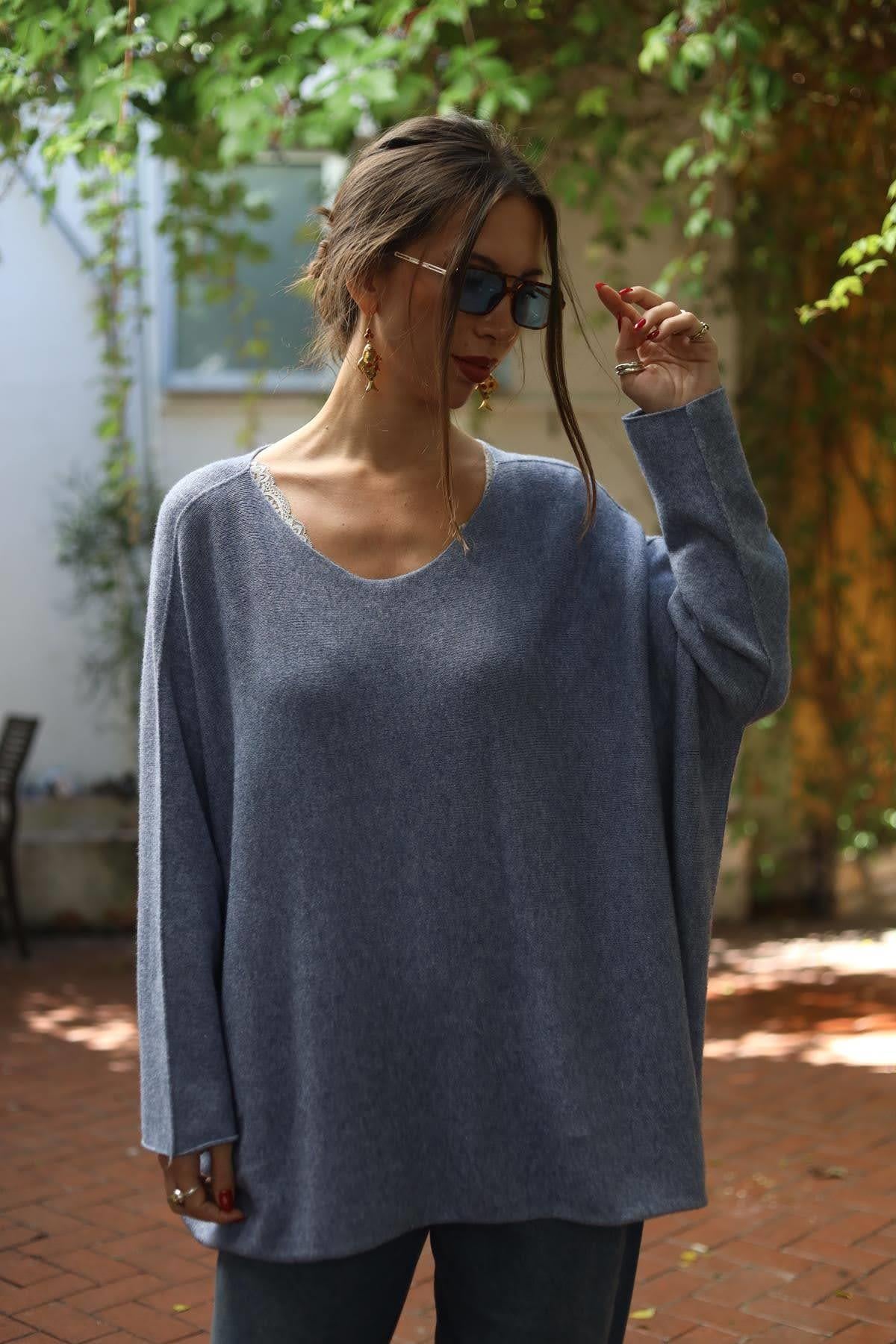 İndigo Mavi Bisiklet Yaka Dikişsiz Kazak