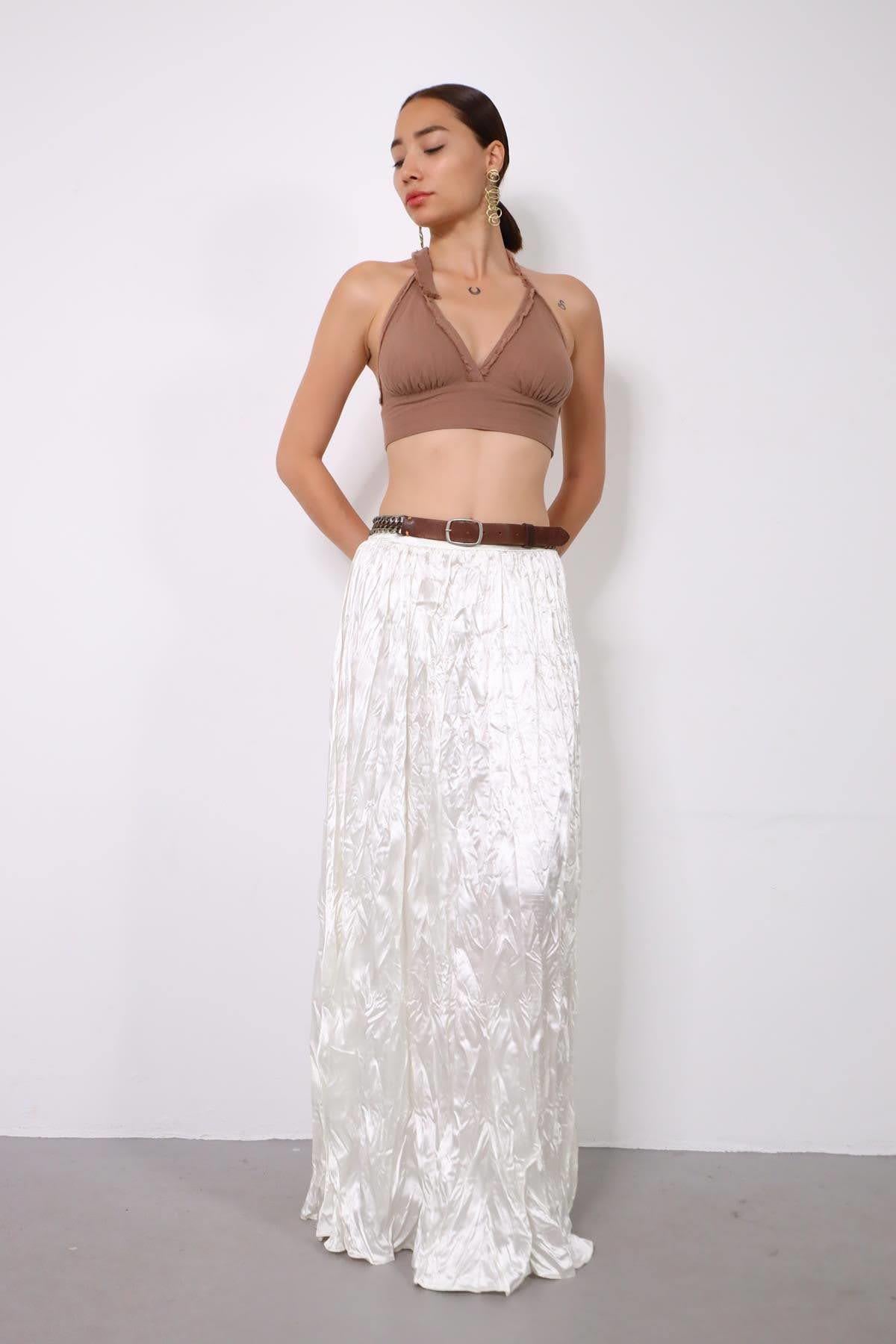 Ekru Beli Yarım Lastikli Crash Etek - Şaman Butik Ekru Beli Yarım Lastikli Crash Etek