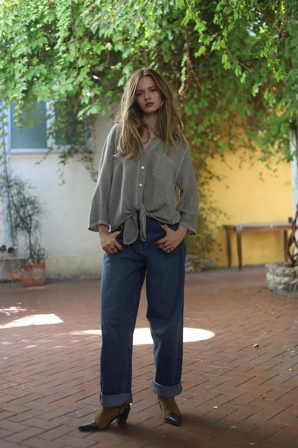 Mink Color Pocket Detailed Linen Shirt