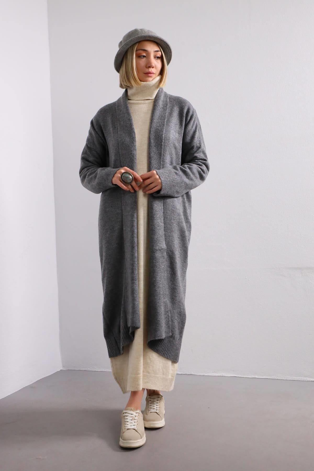 Gri Şal Yaka Uzun Hırka - Şaman Butik Gri Şal Yaka Uzun Hırka
