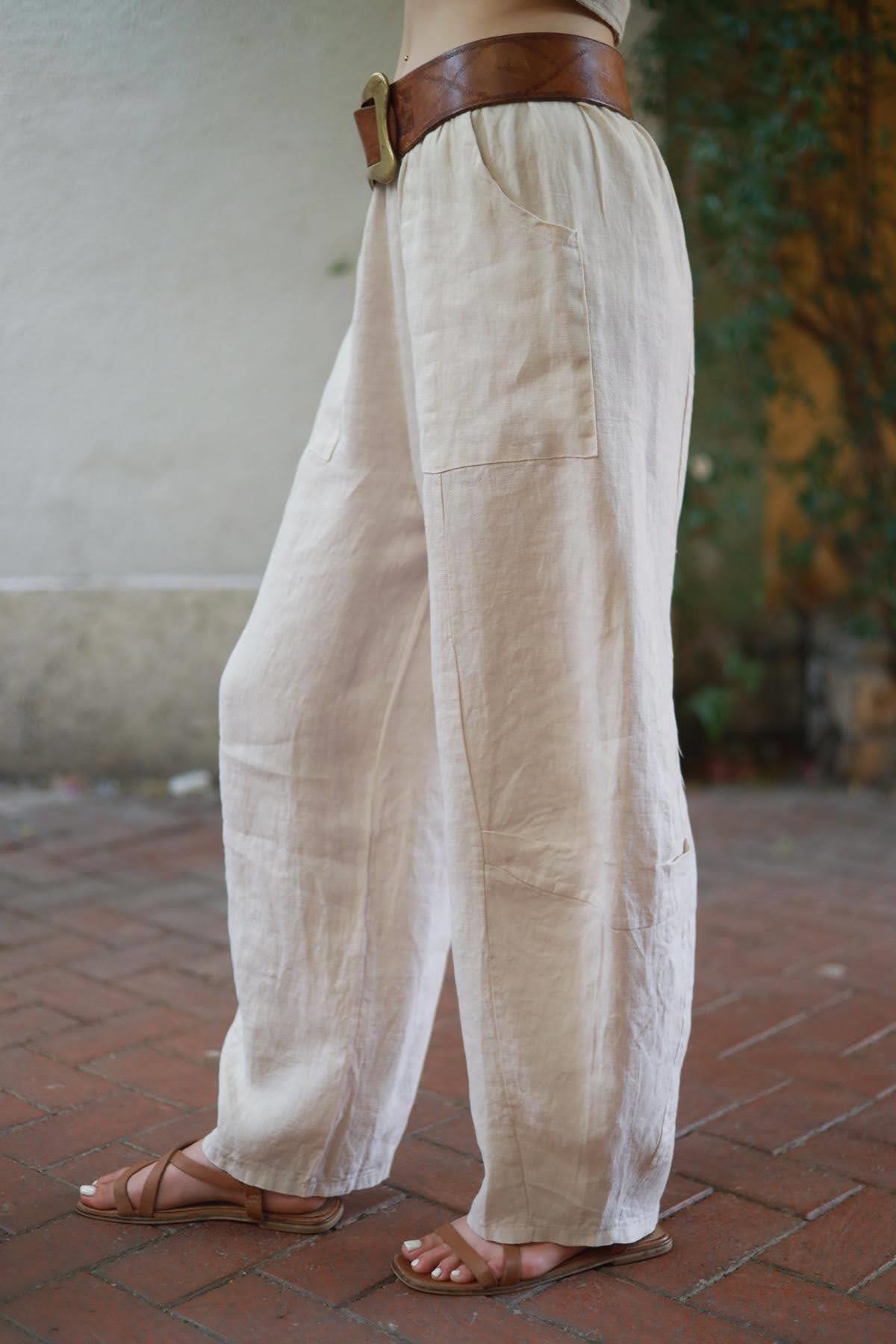 Cream Color Stitch Detail Linen Pants