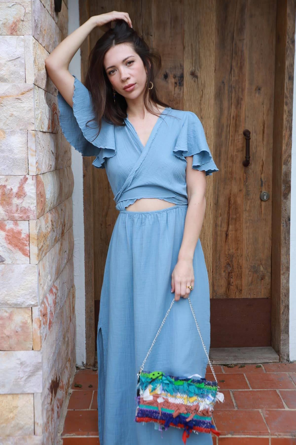 İndigo Mavi Anvelop Yaka Kolları Volanlı Yırtmaçlı Elbise