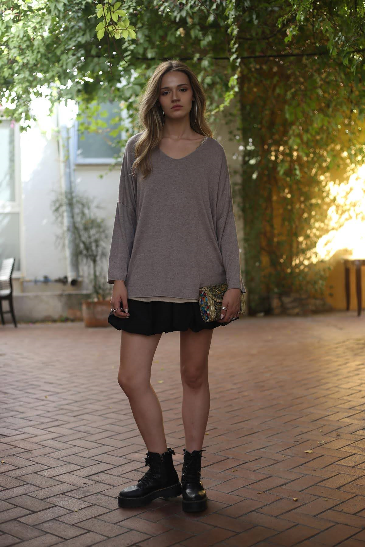 Vizon Rengi V Yaka Yumuşak Doku Angora Bluz