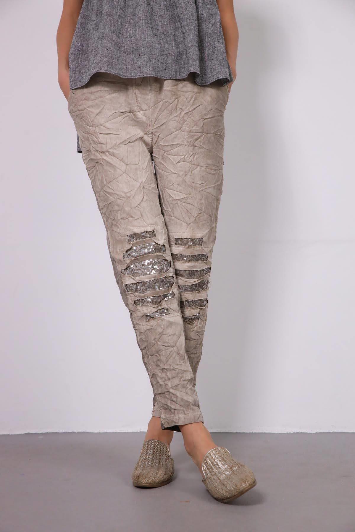 Vizon Rengi Pul Yamalı Pantolon - Şaman Butik Vizon Rengi Pul Yamalı Pantolon