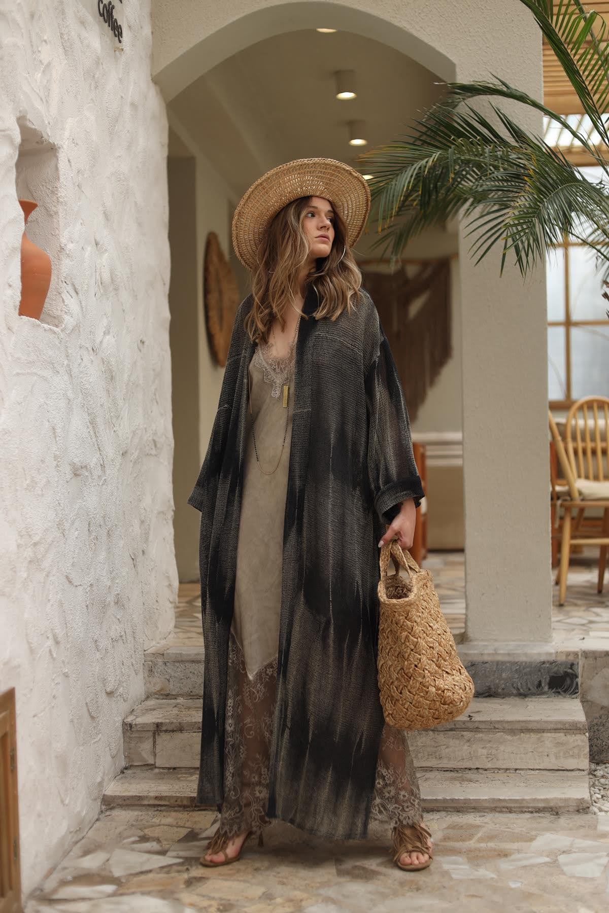 Siyah Desenli Jüt Pamuk Kaftan