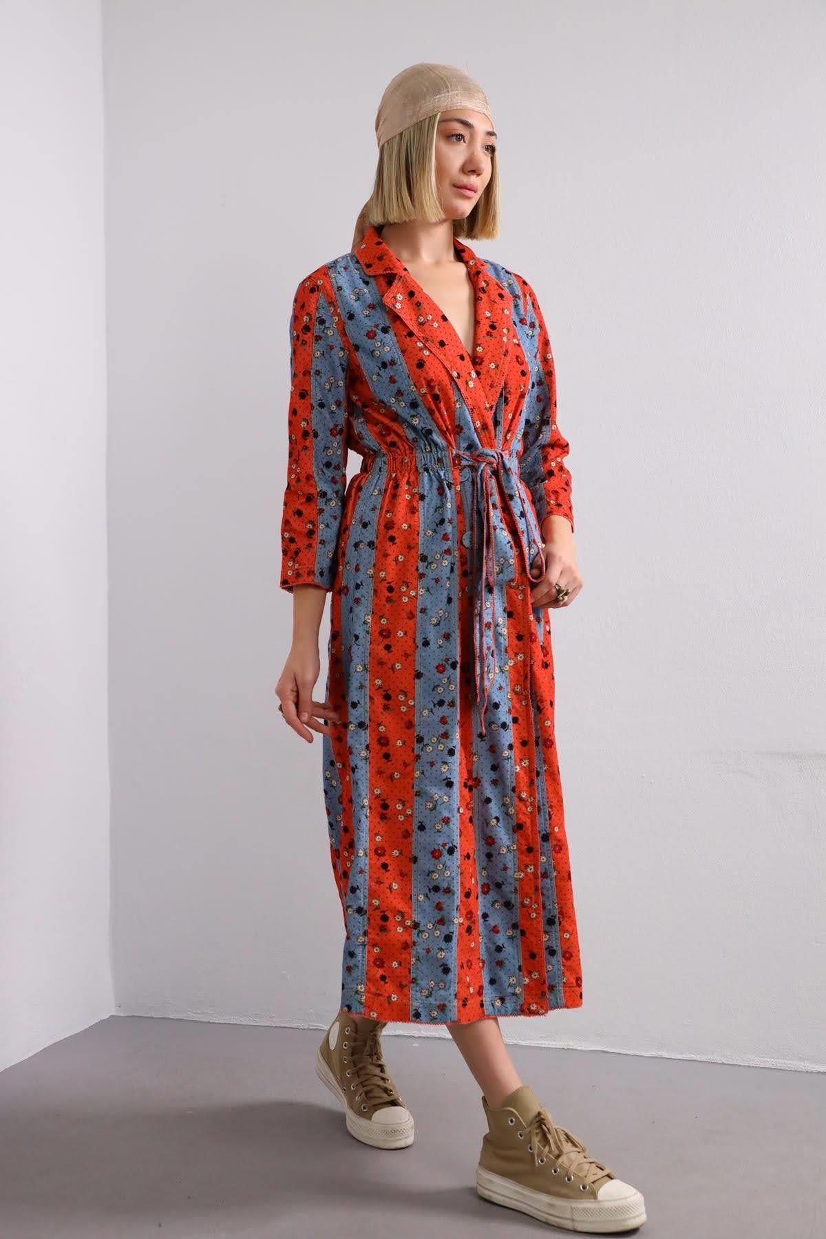 Turuncu Desenli Düğmeli Beli Lastikli Kadife Elbise - Şaman Butik Turuncu Desenli Düğmeli Beli Lastikli Kadife Elbise