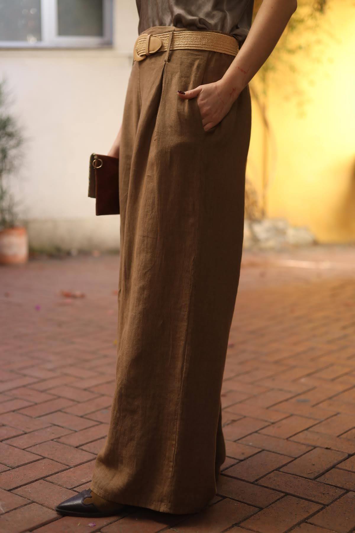 Camel Color Linen Palazzo Pants