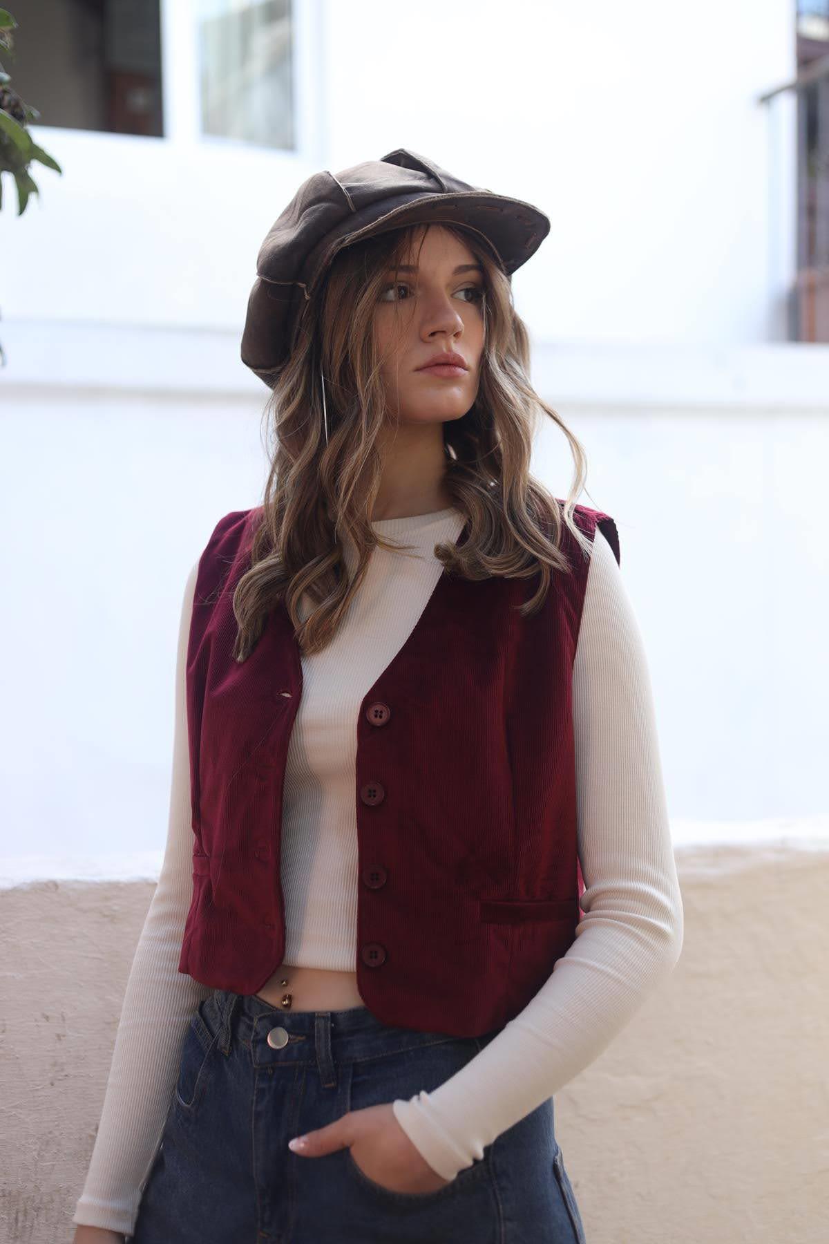 Bordo Düğmeli Kadife Yelek