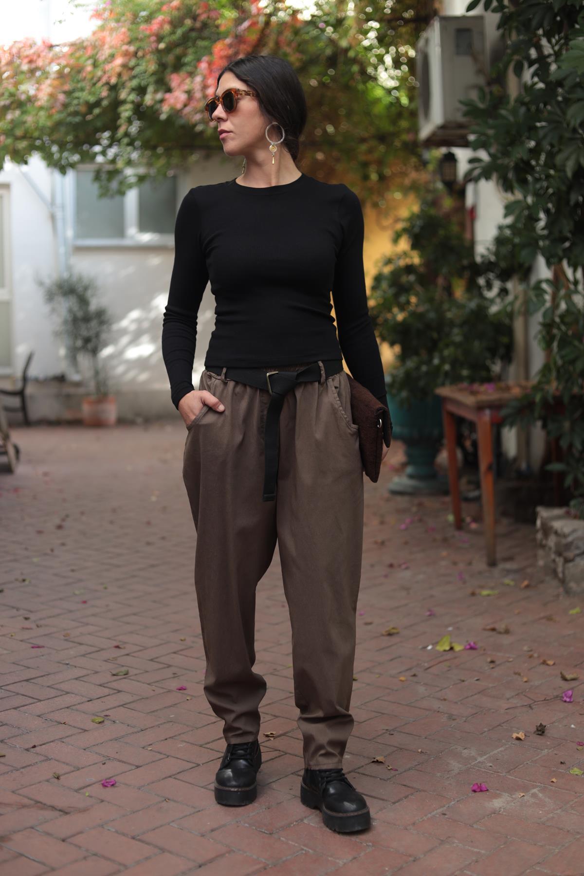 Toprak Rengi Beli Lastikli Likralı Pantolon