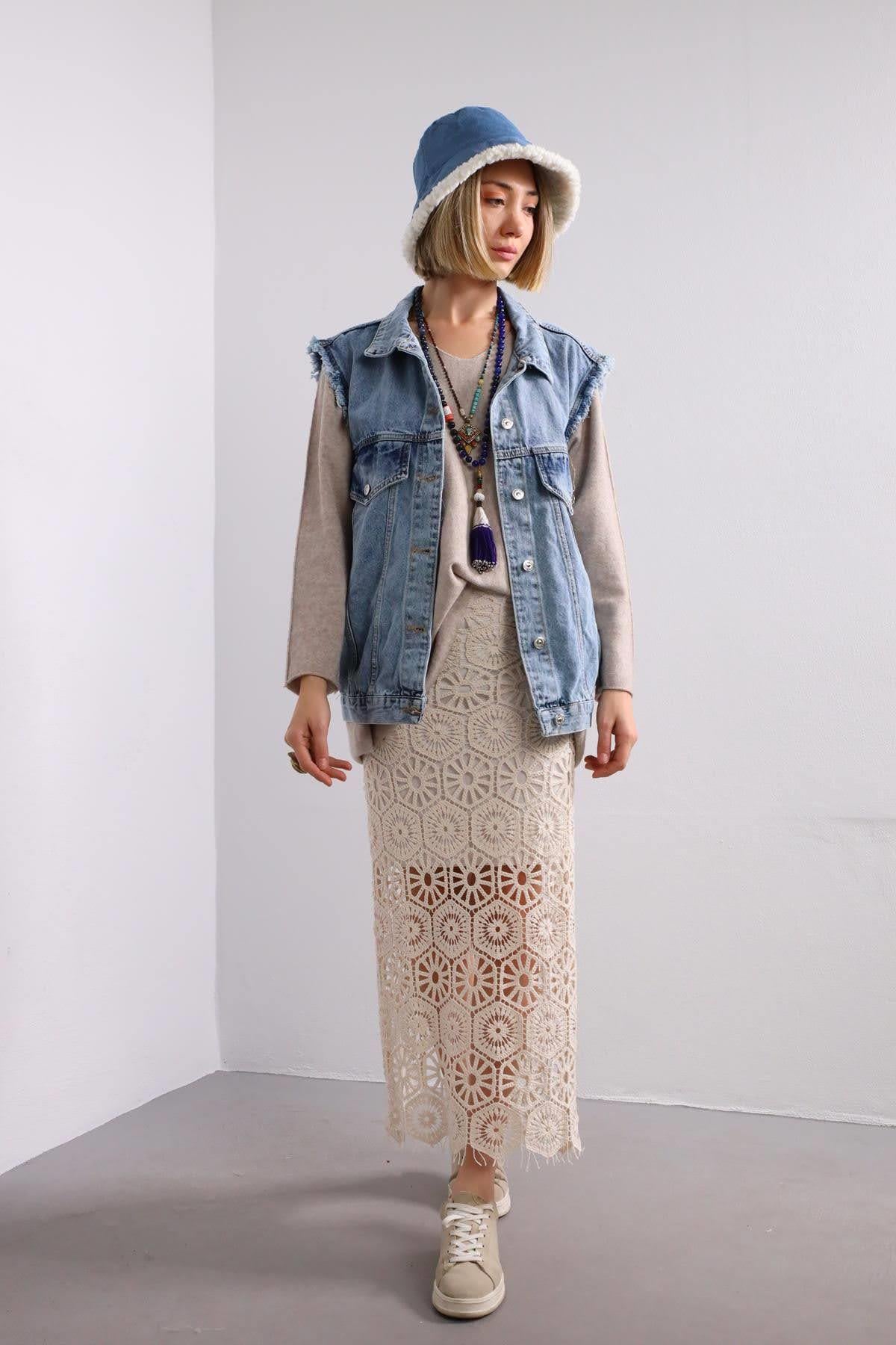 Light Blue Fringed Sleeves Denim Vest - Saman Butik | Shop Online Light Blue Fringed Sleeves Denim Vest