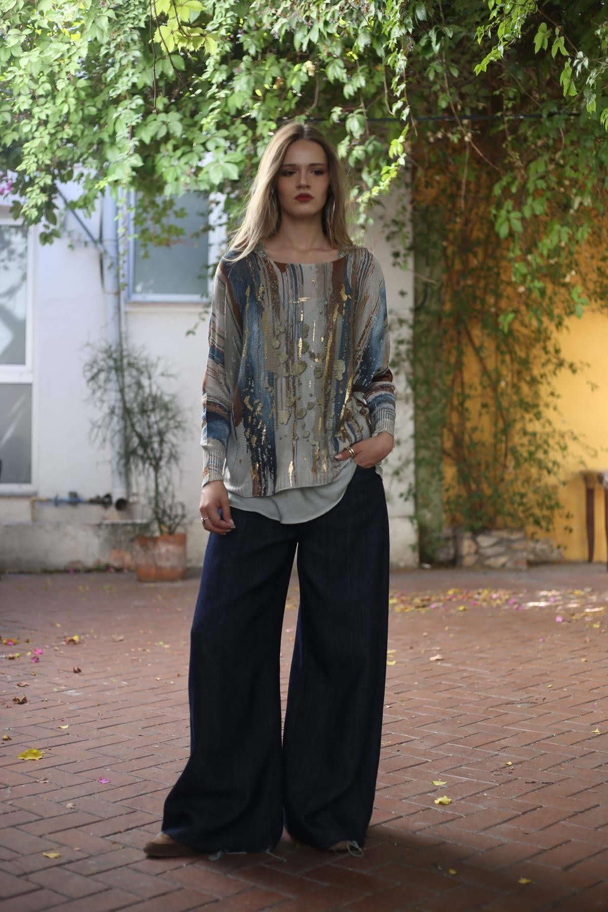 Bej Desenli File Triko Bluz