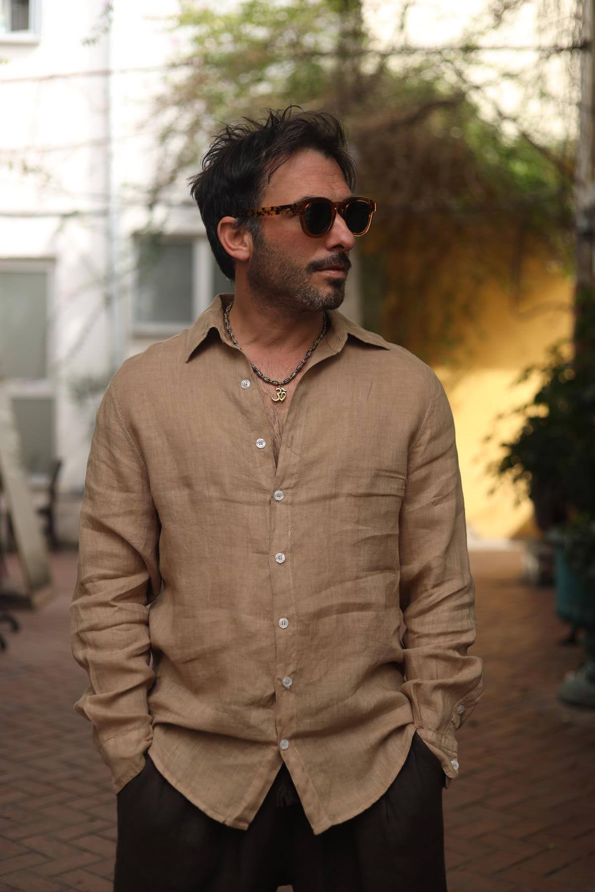 Camel Rengi Keten Klasik Erkek Gömlek