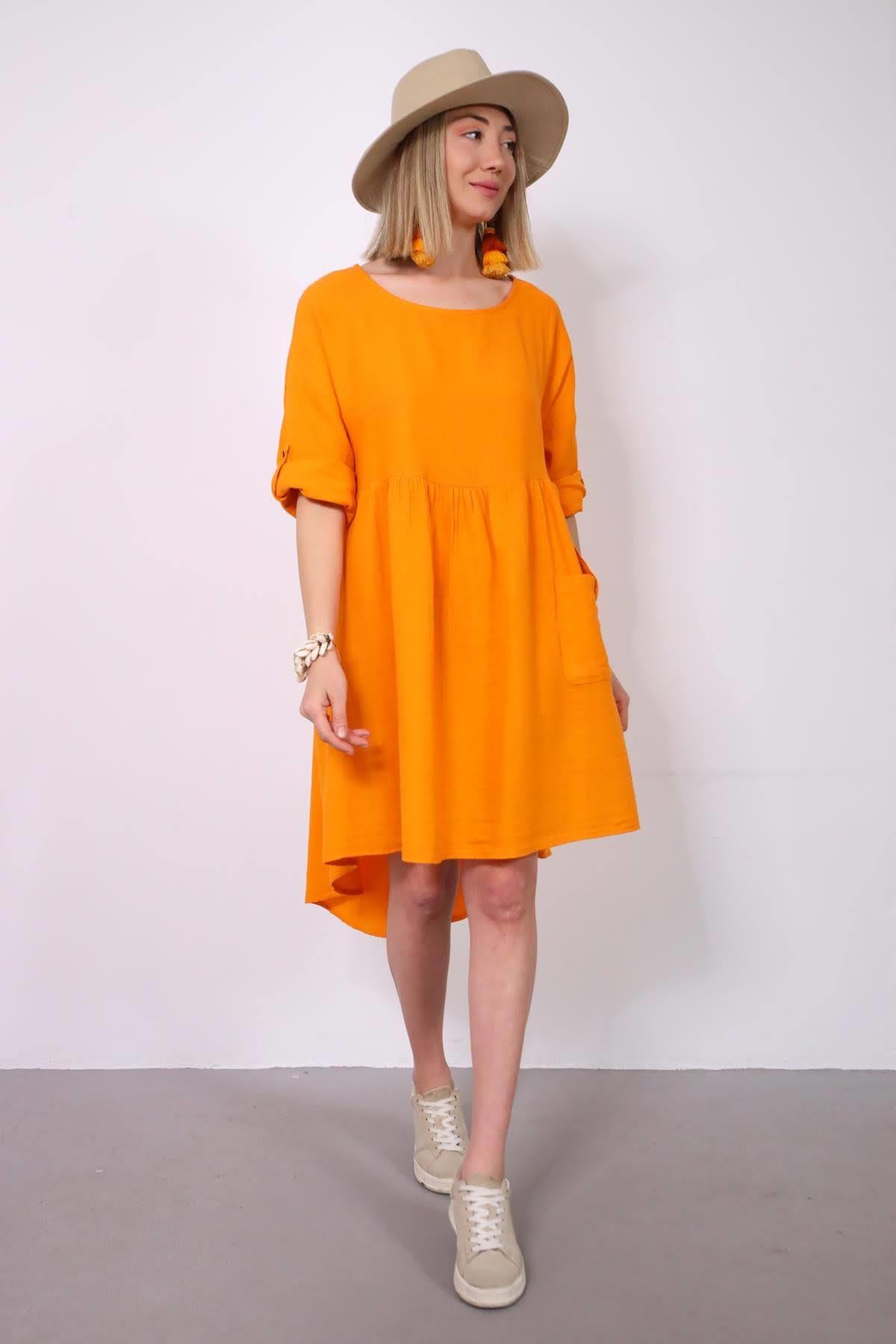 Turuncu Tek Cepli Kolu Apoletli Müslin Elbise - Şaman Butik Turuncu Tek Cepli Kolu Apoletli Müslin Elbise