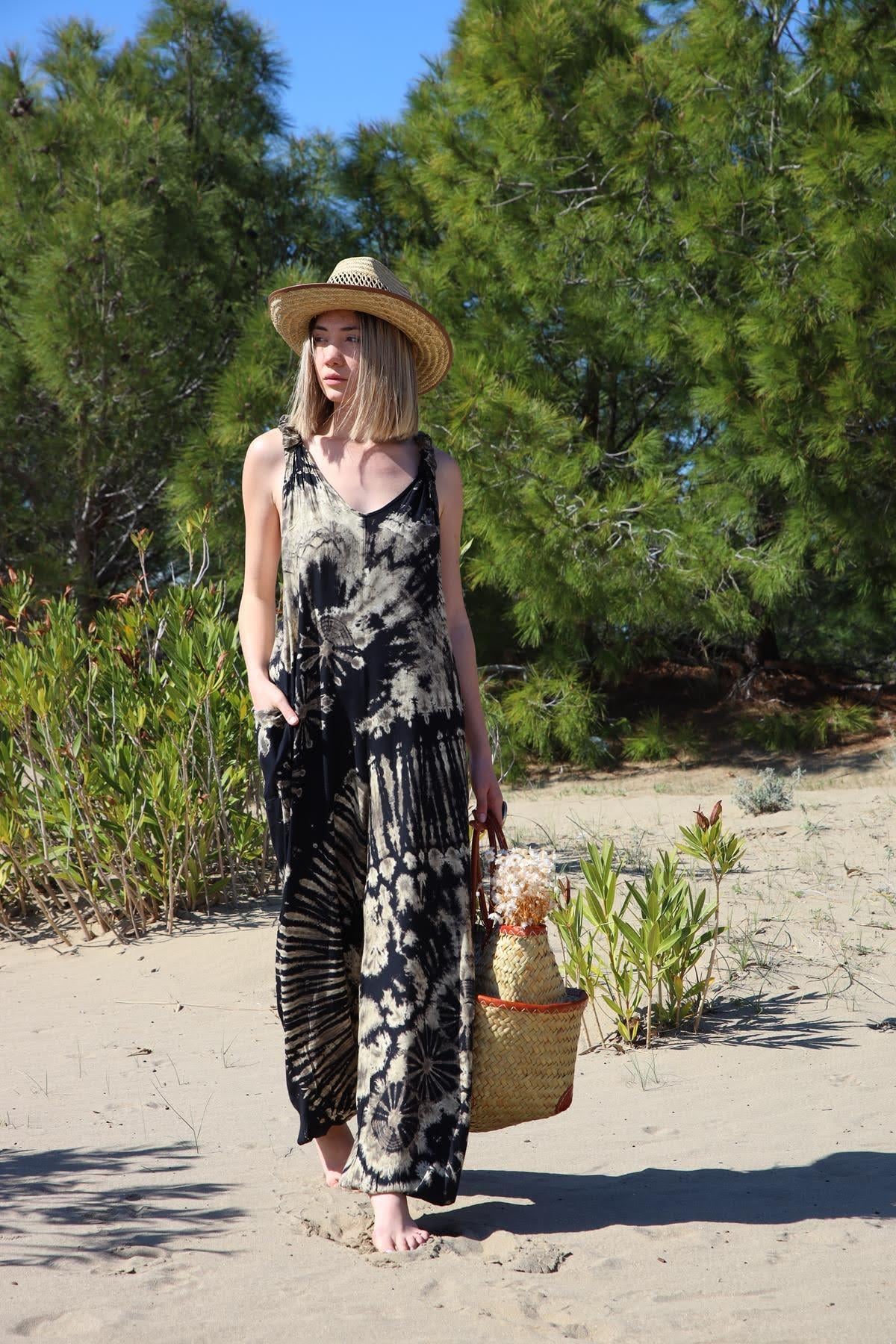 Siyah Tam Batik Desenli Otantik Tulum - Şaman Butik Siyah Tam Batik Desenli Otantik Tulum