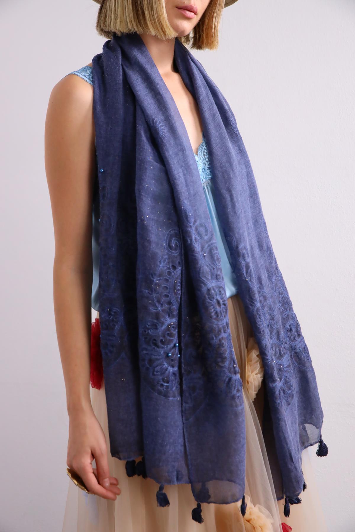 İndigo Mavisi Simli İnci İşlemeli Şal - Şaman Butik İndigo Mavisi Simli İnci İşlemeli Şal