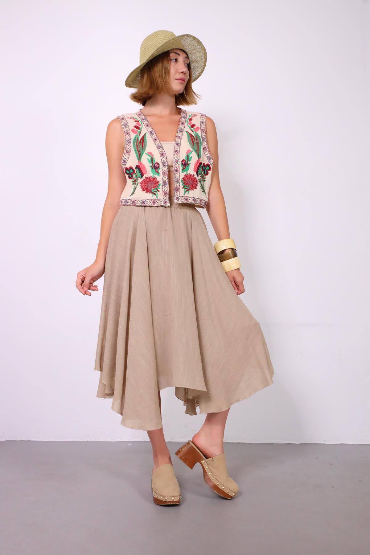 Sütlü Kahve Beli Lastikli Asimetrik Kesim Etek - Şaman Butik Sütlü Kahve Beli Lastikli Asimetrik Kesim Etek