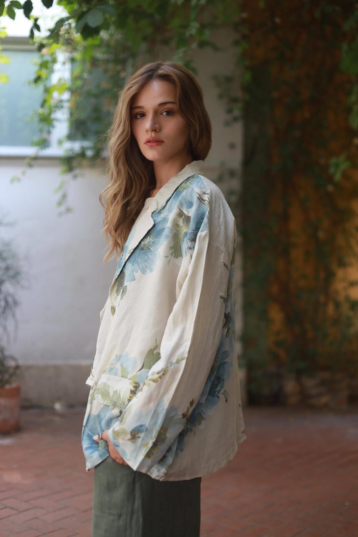 Cream Color Floral Patterned Linen Jacket