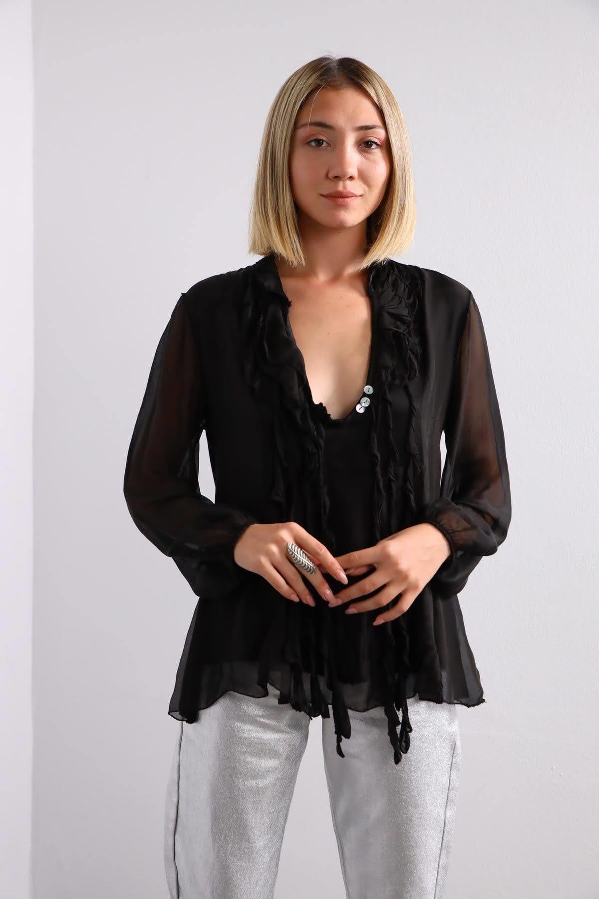  Siyah İpek Fırfırlı Bluz