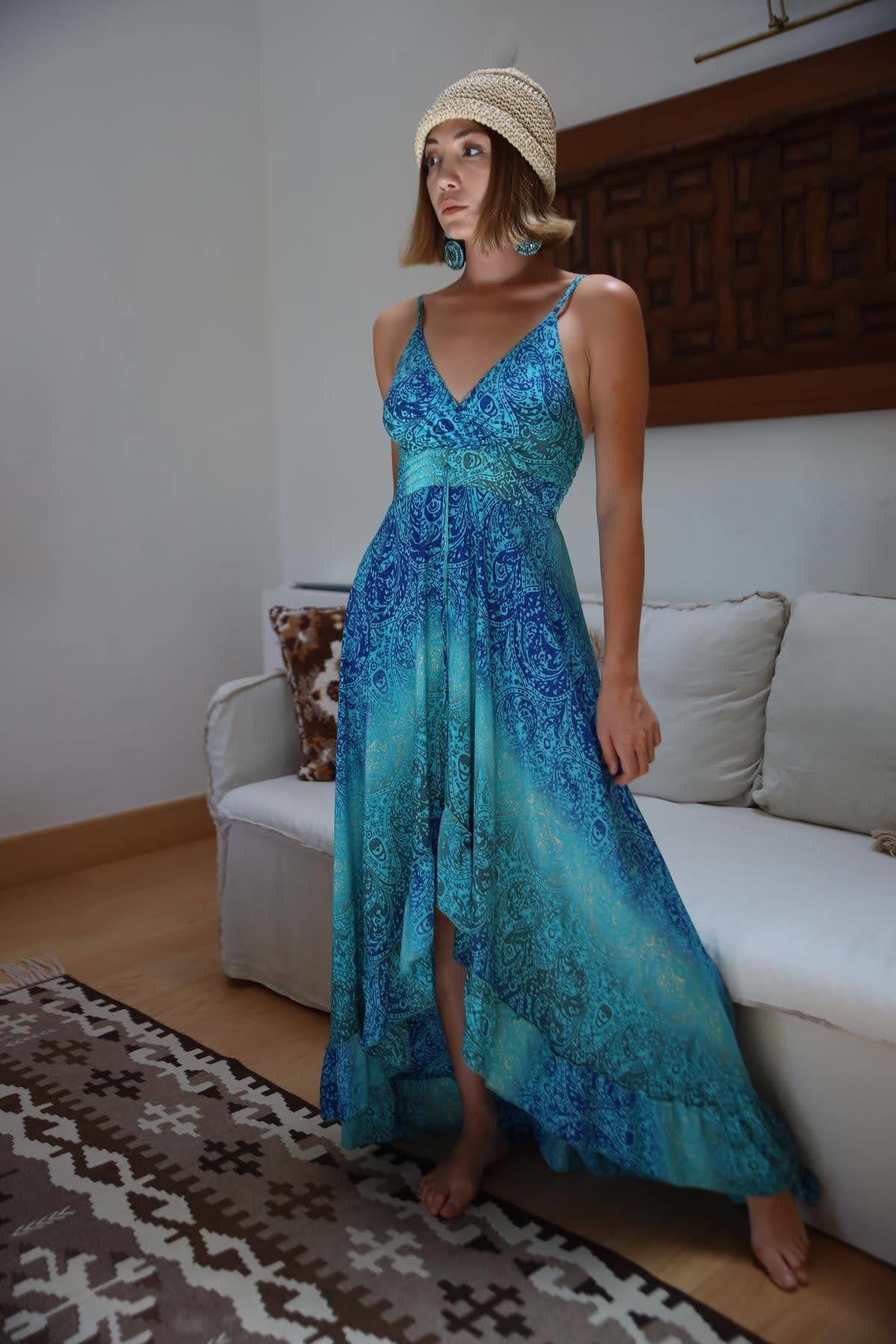 Turkuaz Desenli Önü Kısa Gipeli İpek Elbise - Şaman Butik Turkuaz Desenli Önü Kısa Gipeli İpek Elbise