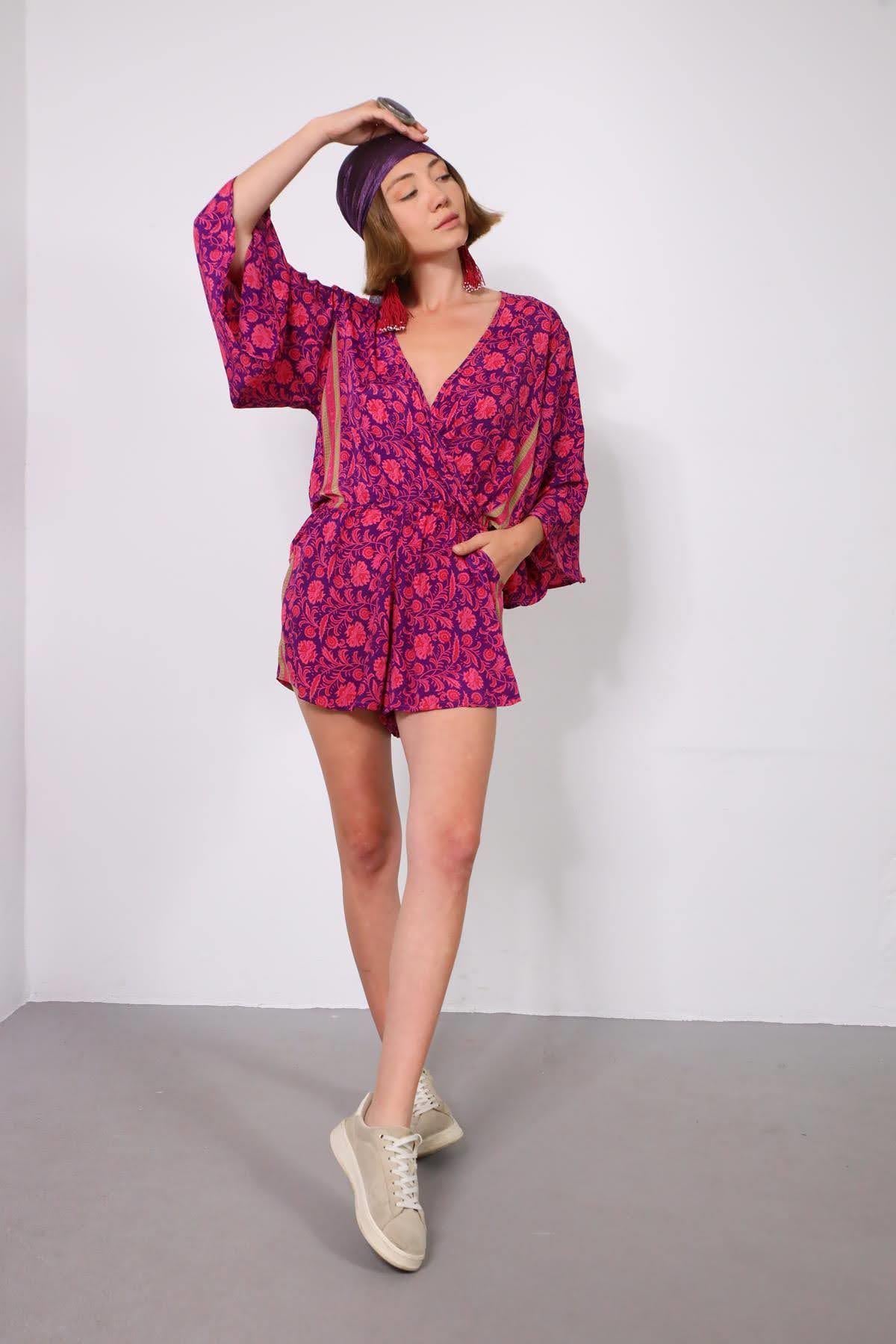 Mor Kruvaze Yaka Kısa Cepli İpek Tulum - Şaman Butik Mor Kruvaze Yaka Kısa Cepli İpek Tulum