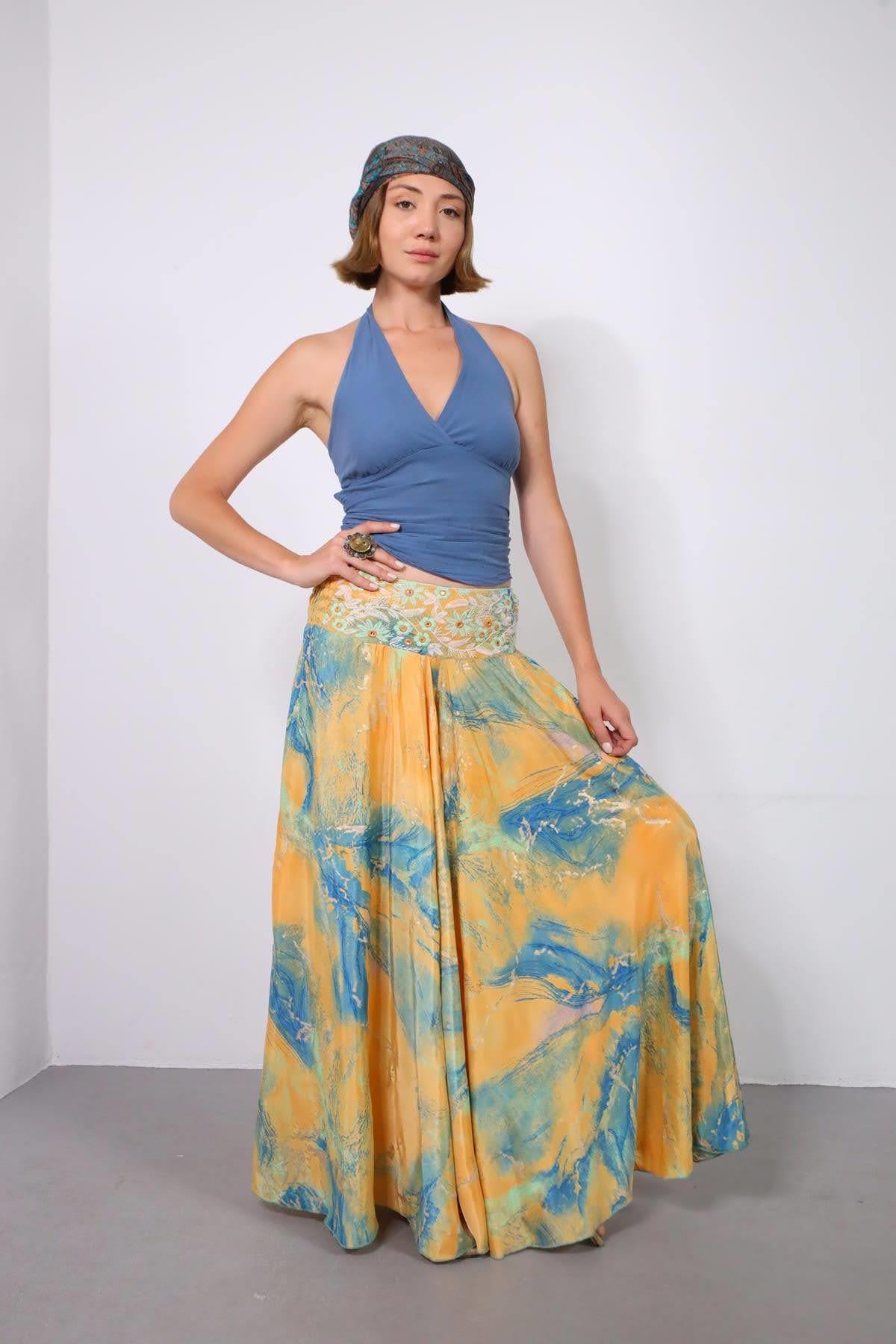 Mango Rengi Desenli İpek Pantolon Etek - Şaman Butik Mango Rengi Desenli İpek Pantolon Etek