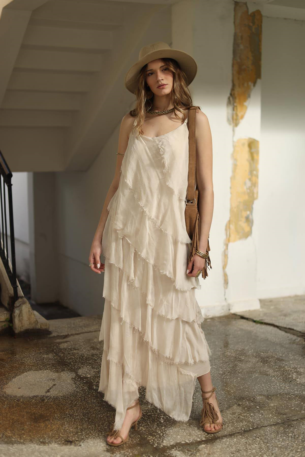 Beige Adjustable Strappy Layered Silk Dress