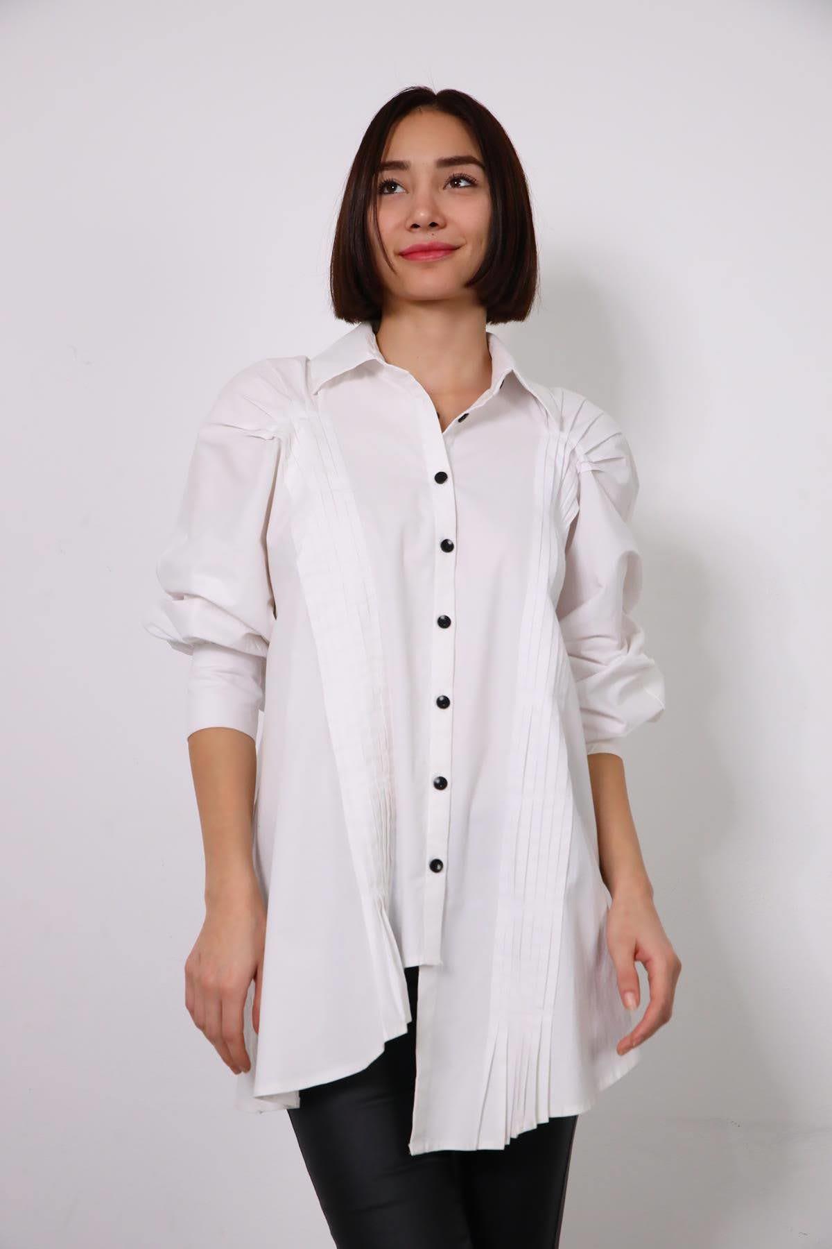 White Rib Detail Asymmetrical Shirt - Saman Butik | Shop Online White Rib Detail Asymmetrical Shirt