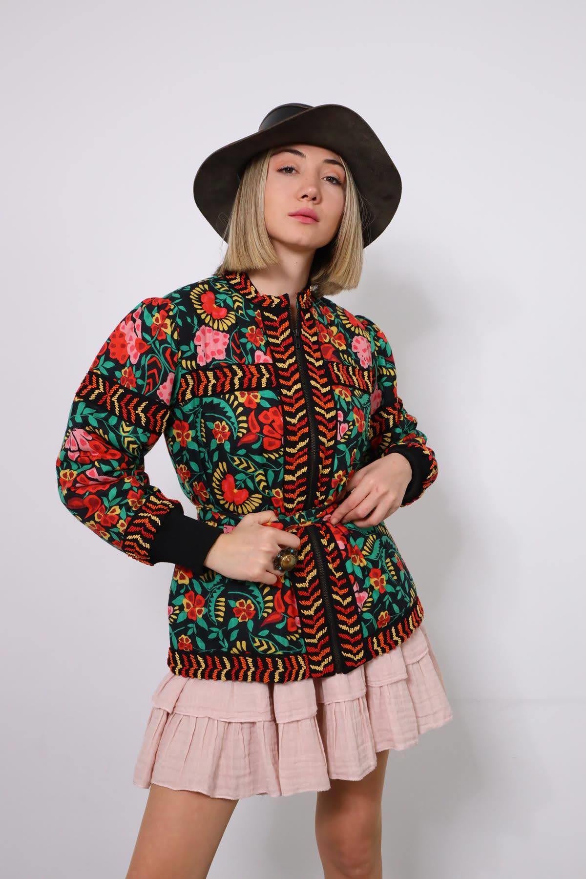 Colorful Flower Pattern and Bead Embroidery Authentic Jacket  - Saman Butik | Shop Online Colorful Flower Pattern and Bead Embroidery Authentic Jacket 