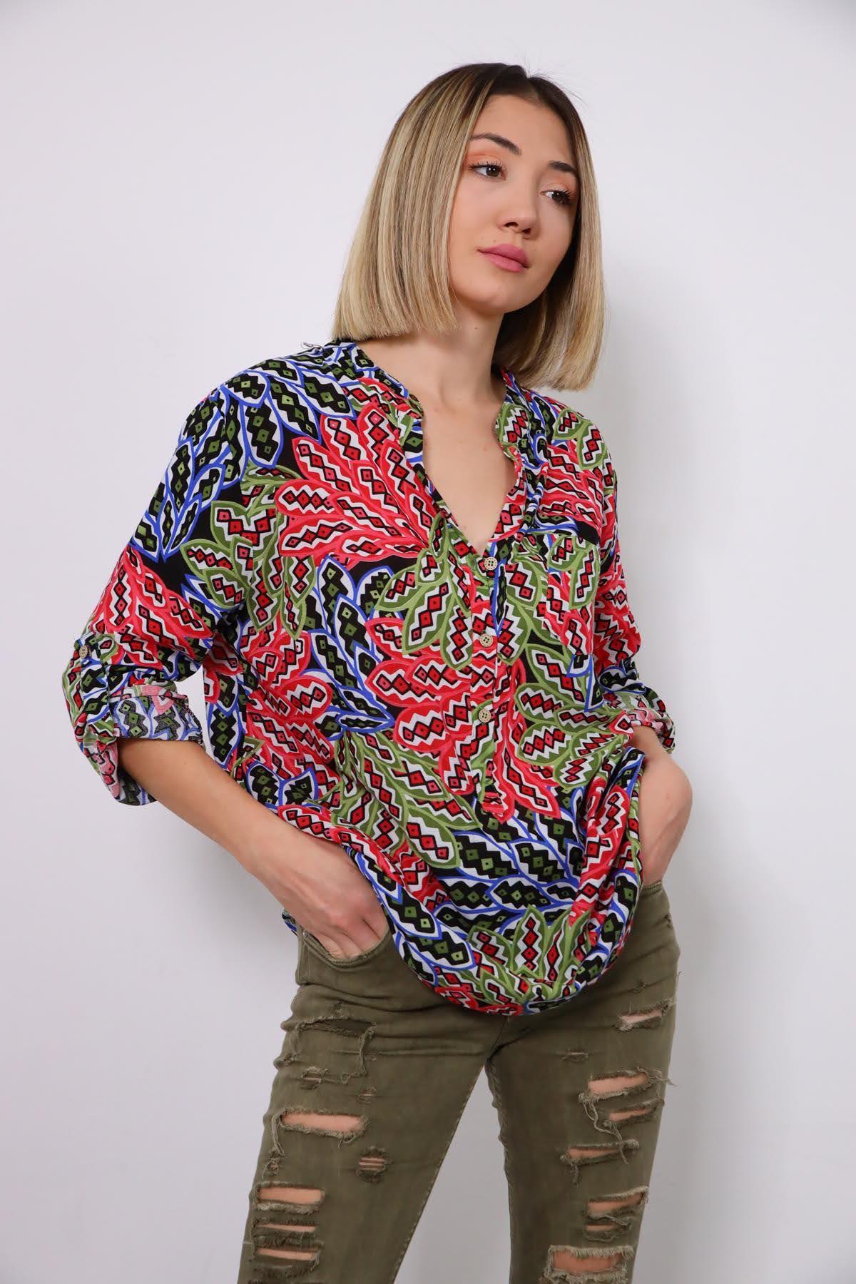 Renkli Hakim Yaka Mozaik Gömlek - Şaman Butik Renkli Hakim Yaka Mozaik Gömlek