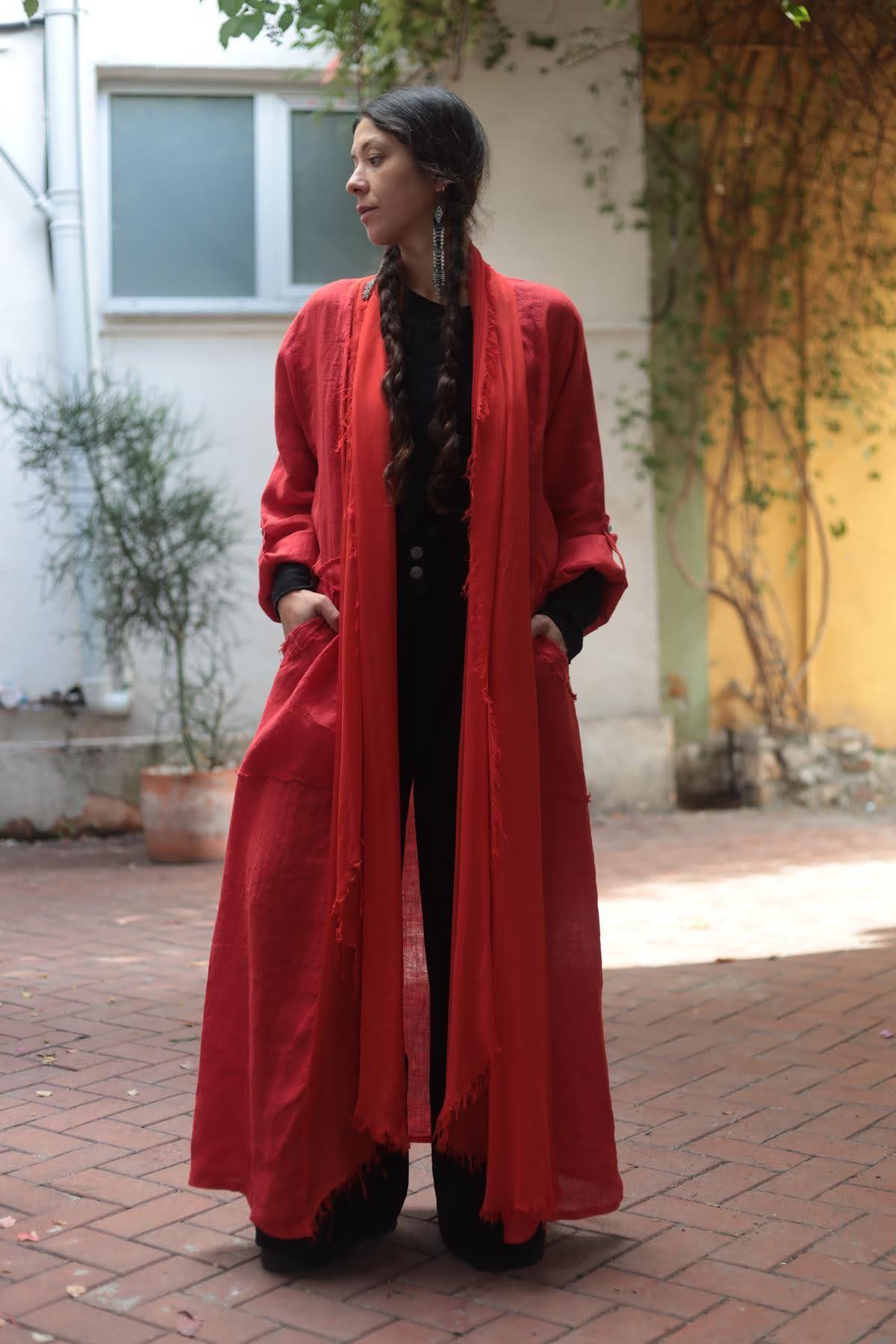 Red Fringed Linen Caftan