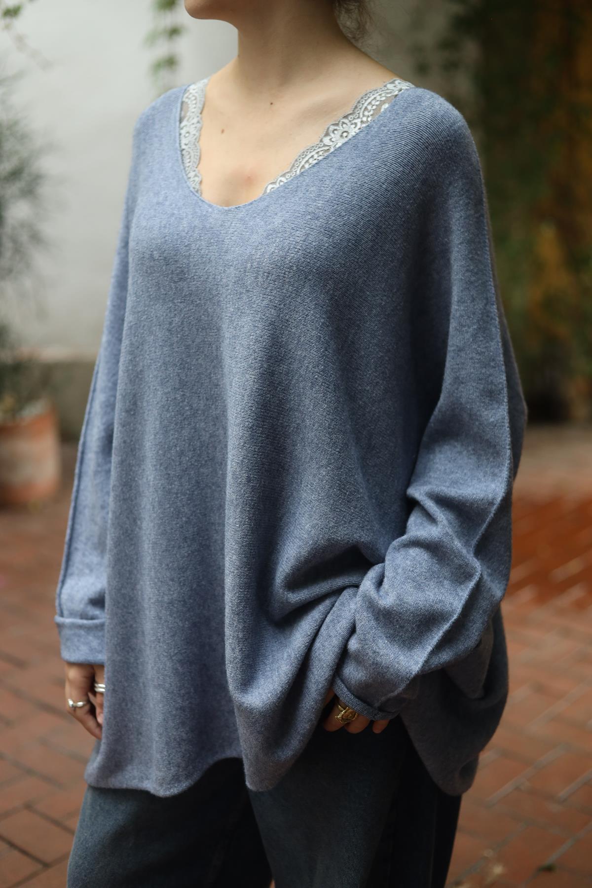 İndigo Mavi Yumuşak Doku Salaş Bluz