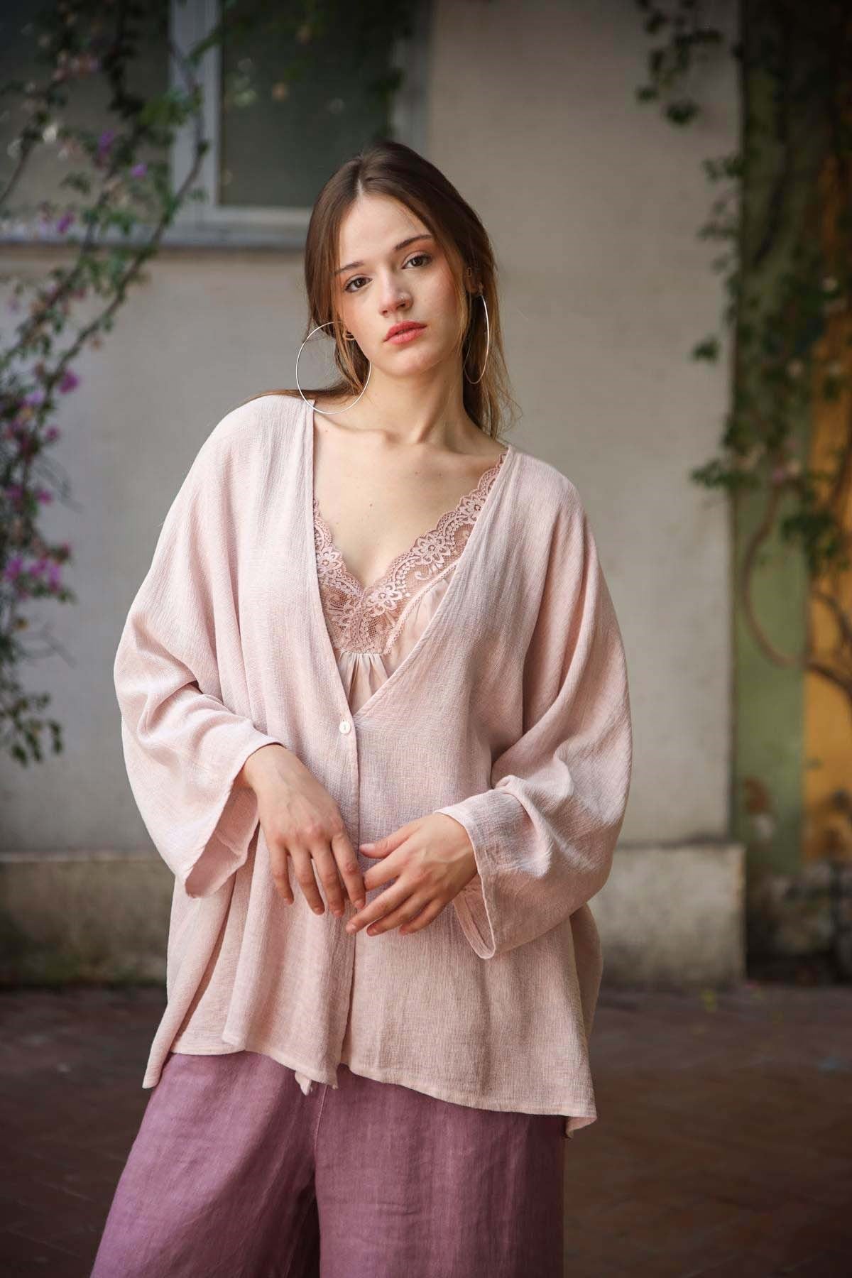 Pudra Pembe Tek Düğme Keten Hırka