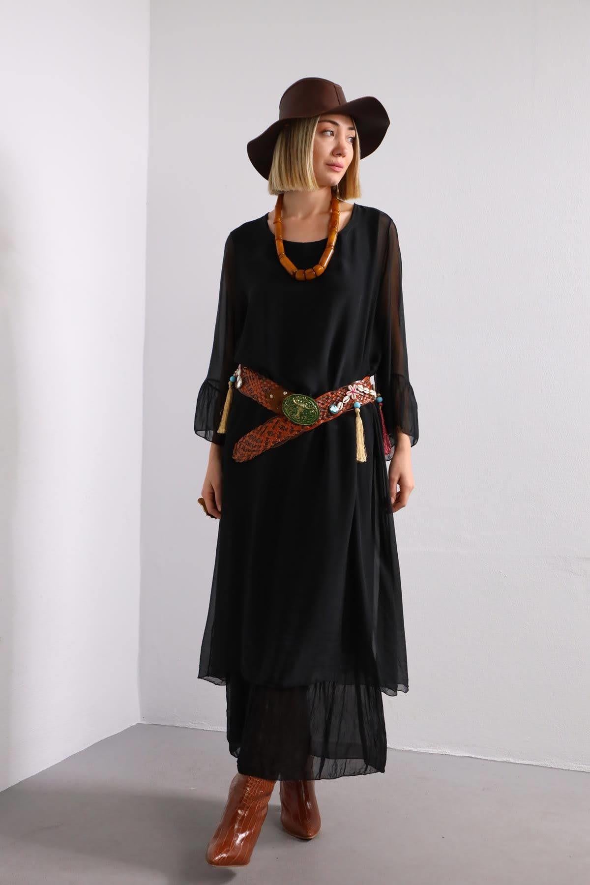 Siyah Bisiklet Yaka Salaş İpek Elbise - Şaman Butik Siyah Bisiklet Yaka Salaş İpek Elbise