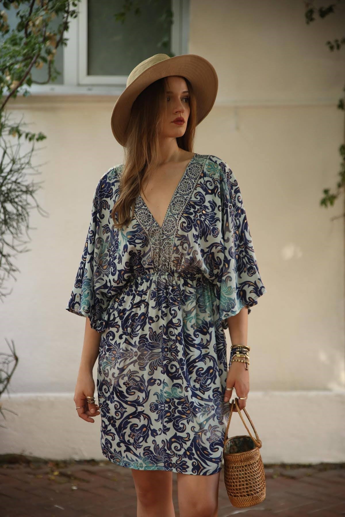 Navy Blue V Neck Mini Silk Dress
