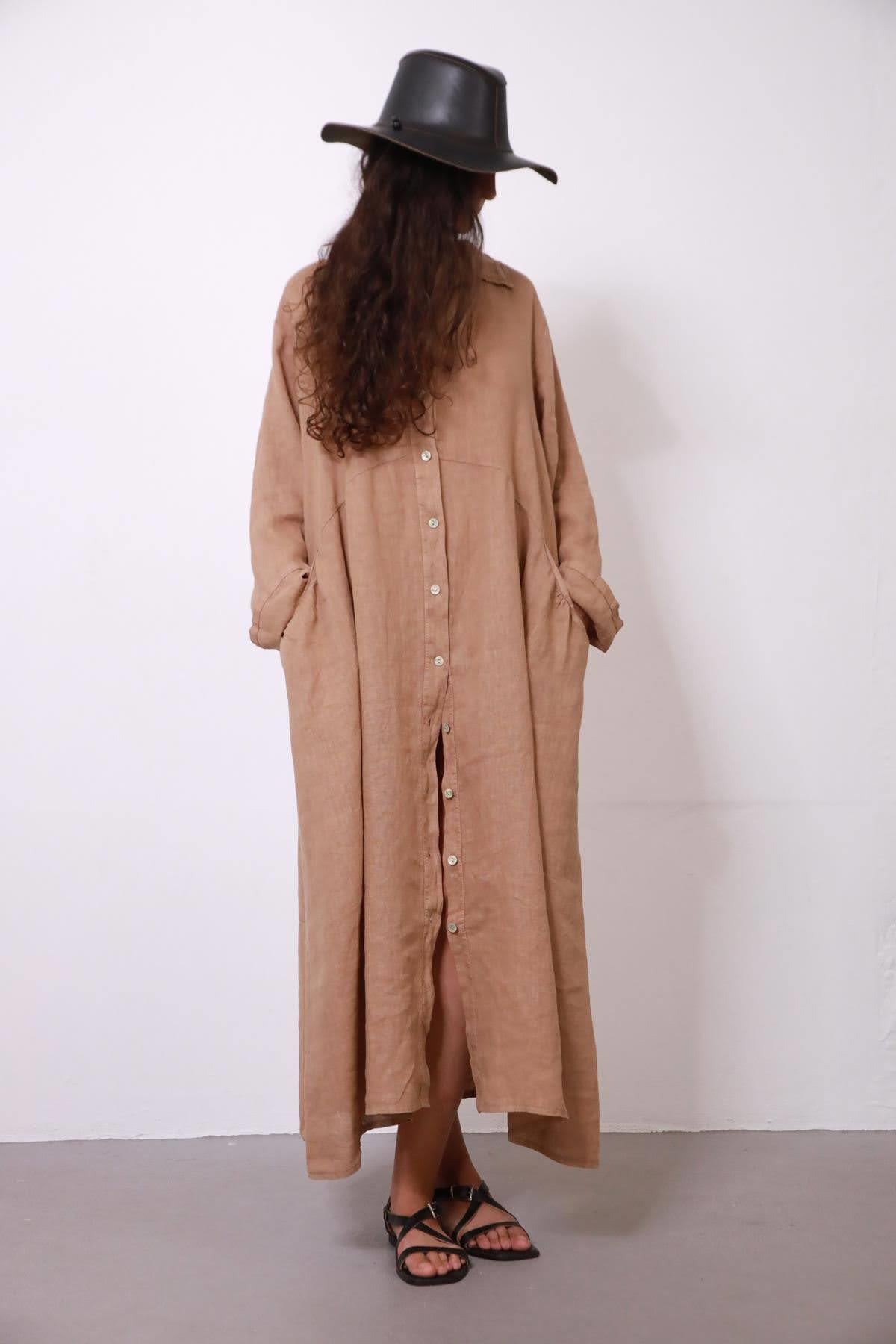  Camel Rengi Dikiş Detaylı Keten Gömlek Elbise